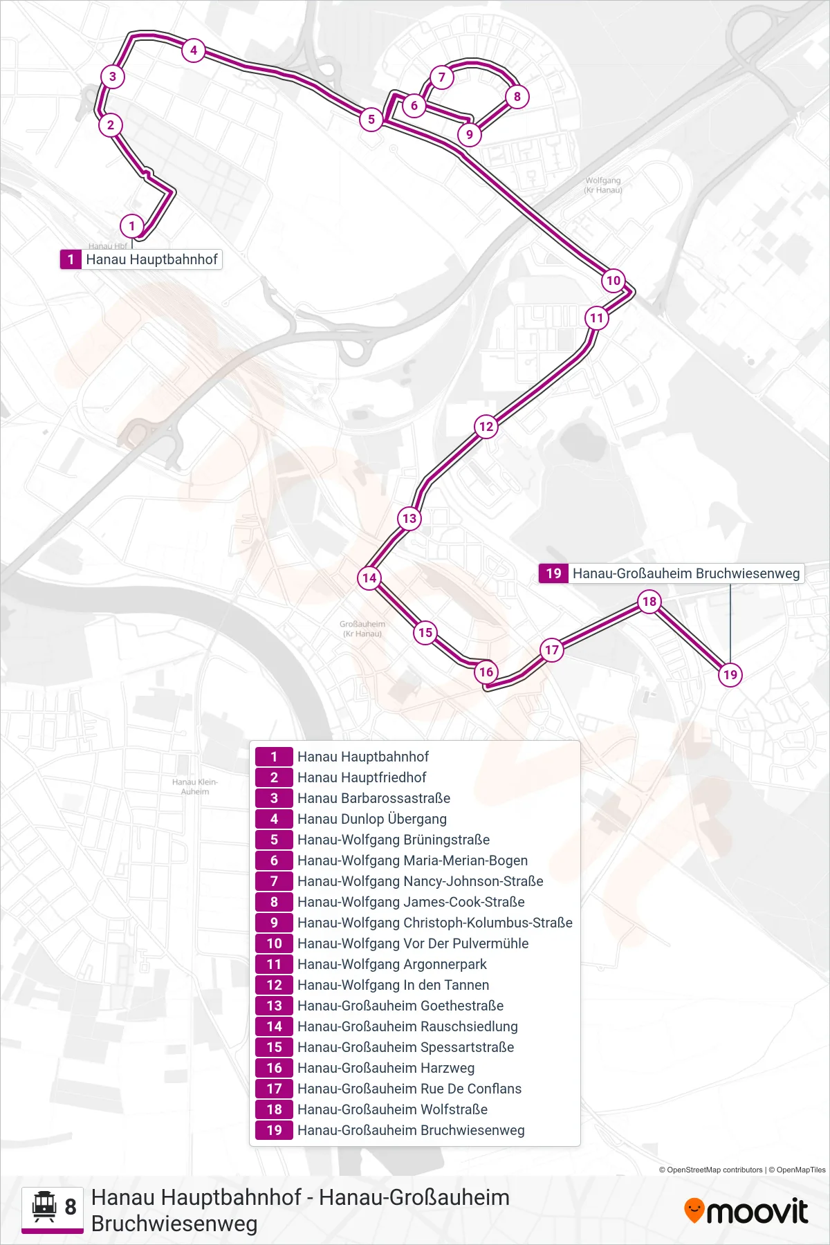 Linie 8 (S-Bahn) Richtung Hanau-Großauheim Bruchwiesenweg: Route und Haltestellen auf der Karte