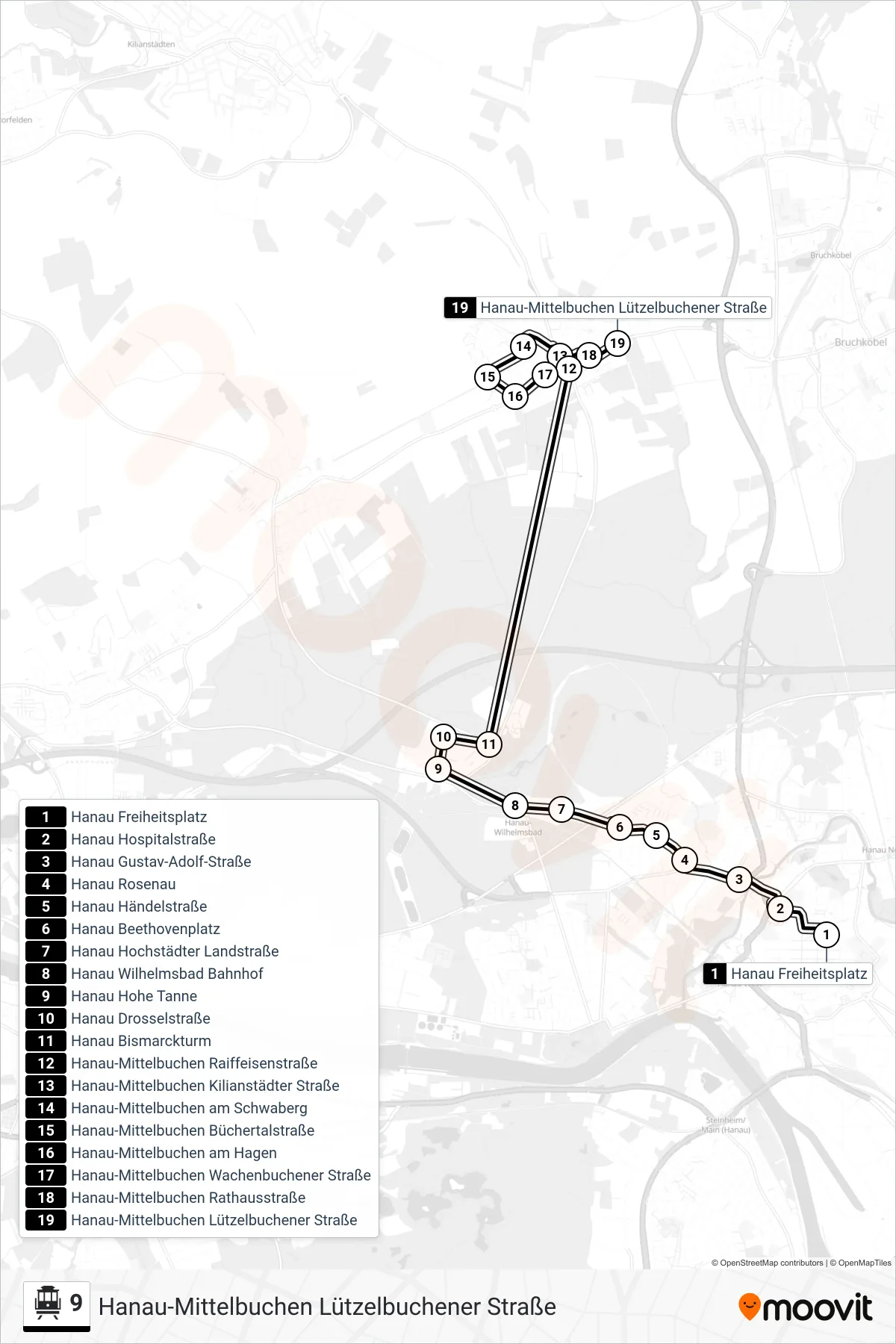 9 S-Bahn Line (Hanau-Mittelbuchen Lützelbuchener Straße) route and stops on a map