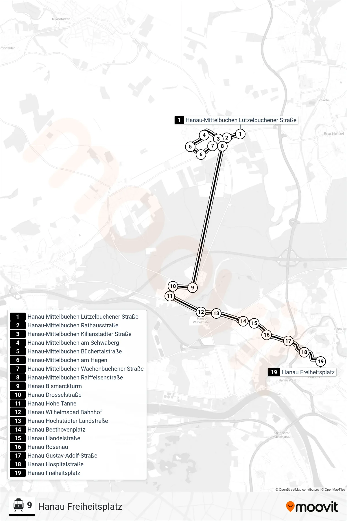 Linie 9 (S-Bahn) Richtung Hanau Freiheitsplatz: Route und Haltestellen auf der Karte