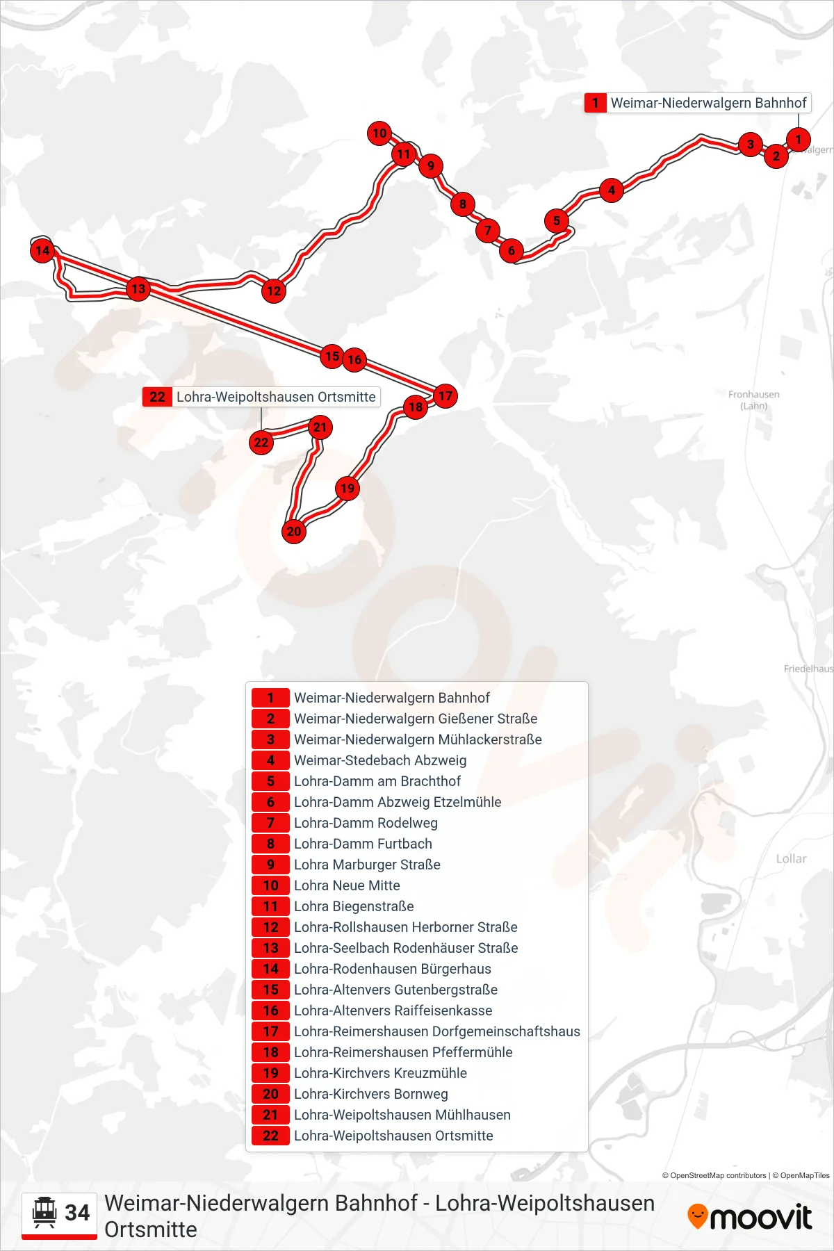 Linie 34 (Seilbahn) Richtung Lohra-Weipoltshausen Ortsmitte: Route und Haltestellen auf der Karte
