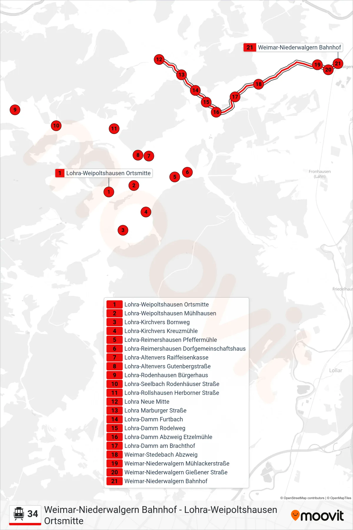 34 cable car Line (Weimar-Niederwalgern Bahnhof) route and stops on a map