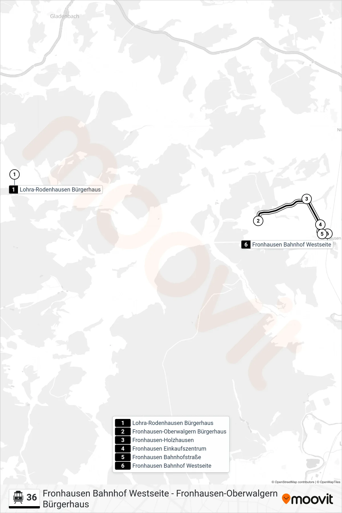 36 S-Bahn Line (Fronhausen Bahnhof Westseite) route and stops on a map