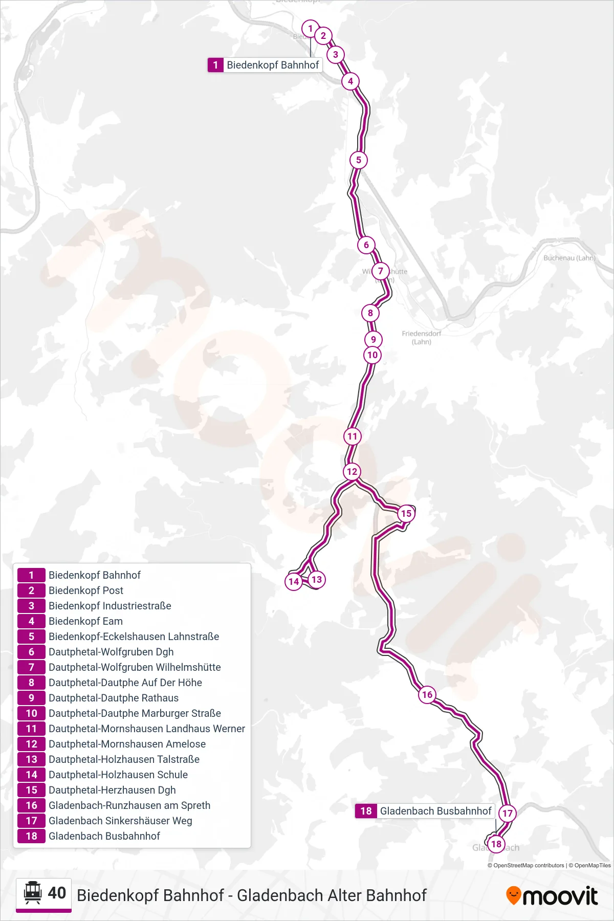 Linie 40 (Seilbahn) Richtung Gladenbach Busbahnhof: Route und Haltestellen auf der Karte
