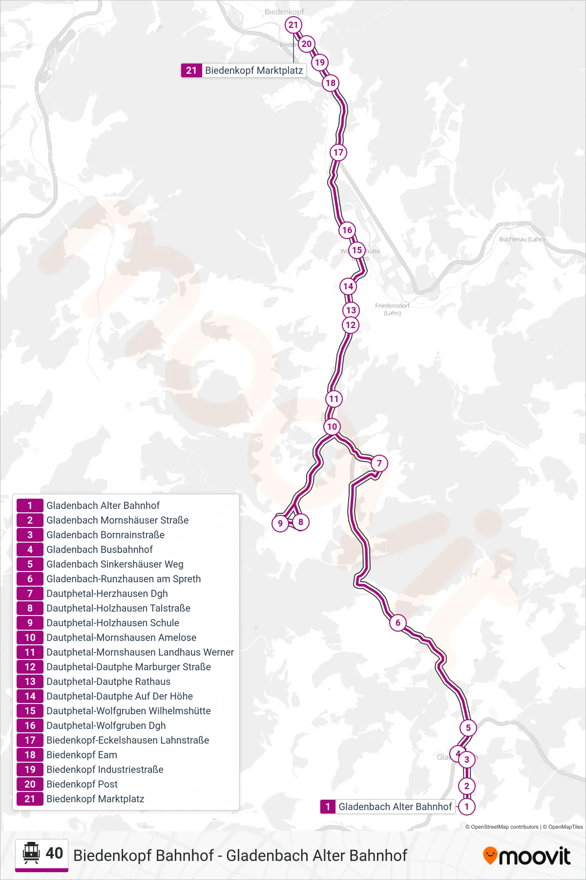40 cable car Line (Biedenkopf Marktplatz) route and stops on a map