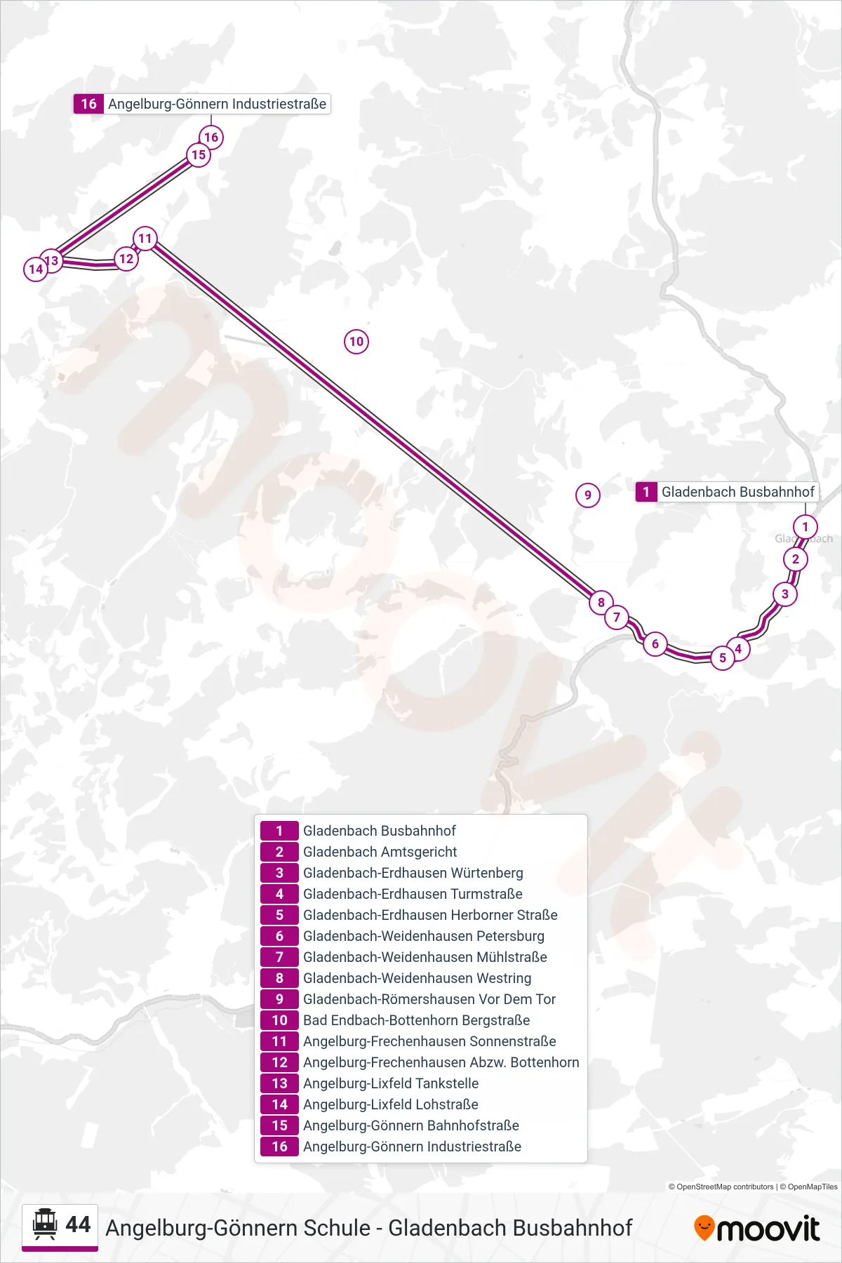 44 cable car Line (Angelburg-Gönnern Industriestraße) route and stops on a map