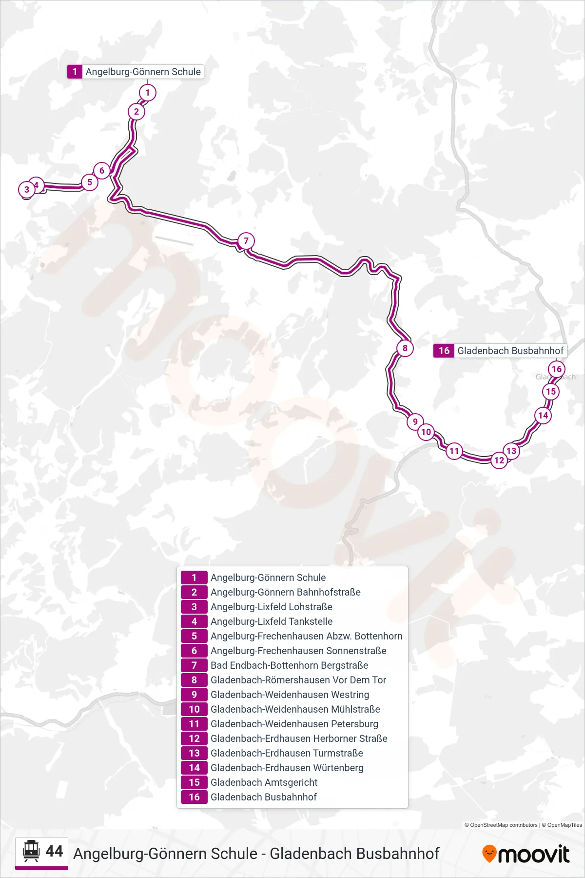 Linie 44 (Seilbahn) Richtung Gladenbach Busbahnhof: Route und Haltestellen auf der Karte