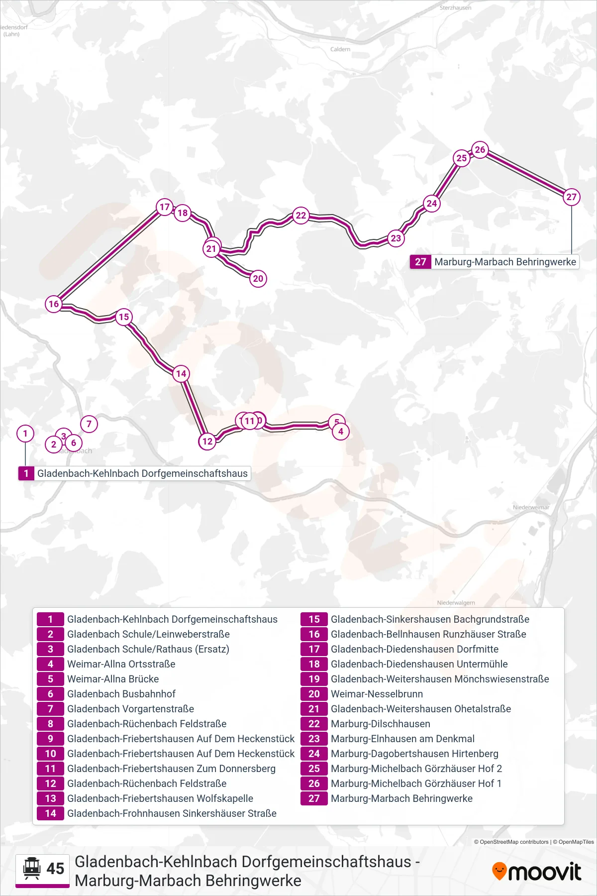 Linie 45 (S-Bahn) Richtung Marburg-Marbach Behringwerke: Route und Haltestellen auf der Karte
