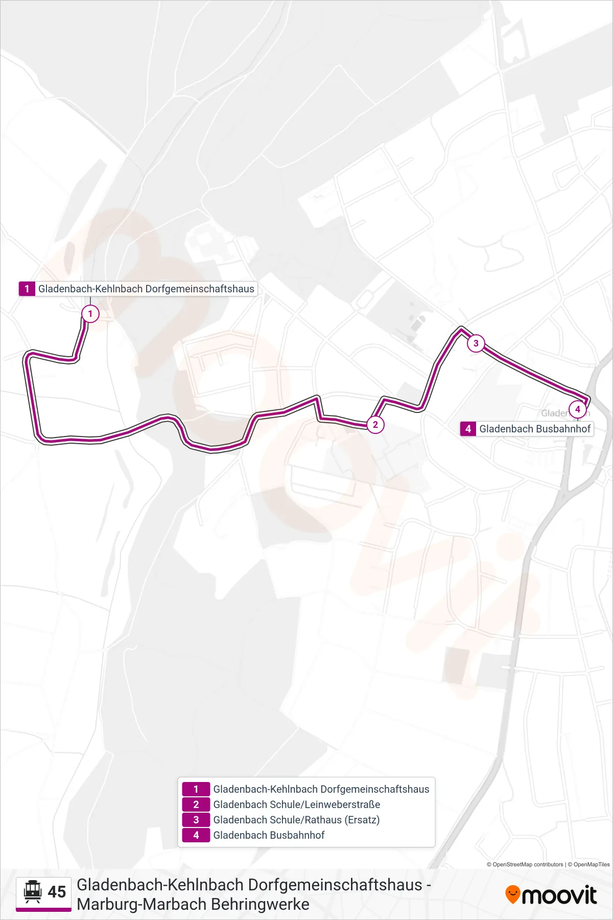 45 S-Bahn Line (Gladenbach Busbahnhof) route and stops on a map