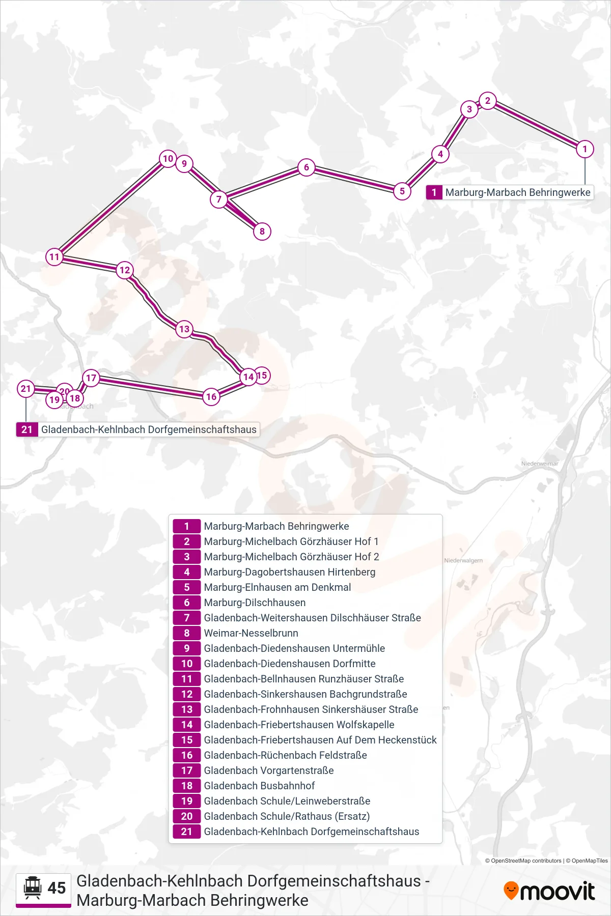 45 S-Bahn Line (Gladenbach-Kehlnbach Dorfgemeinschaftshaus) route and stops on a map
