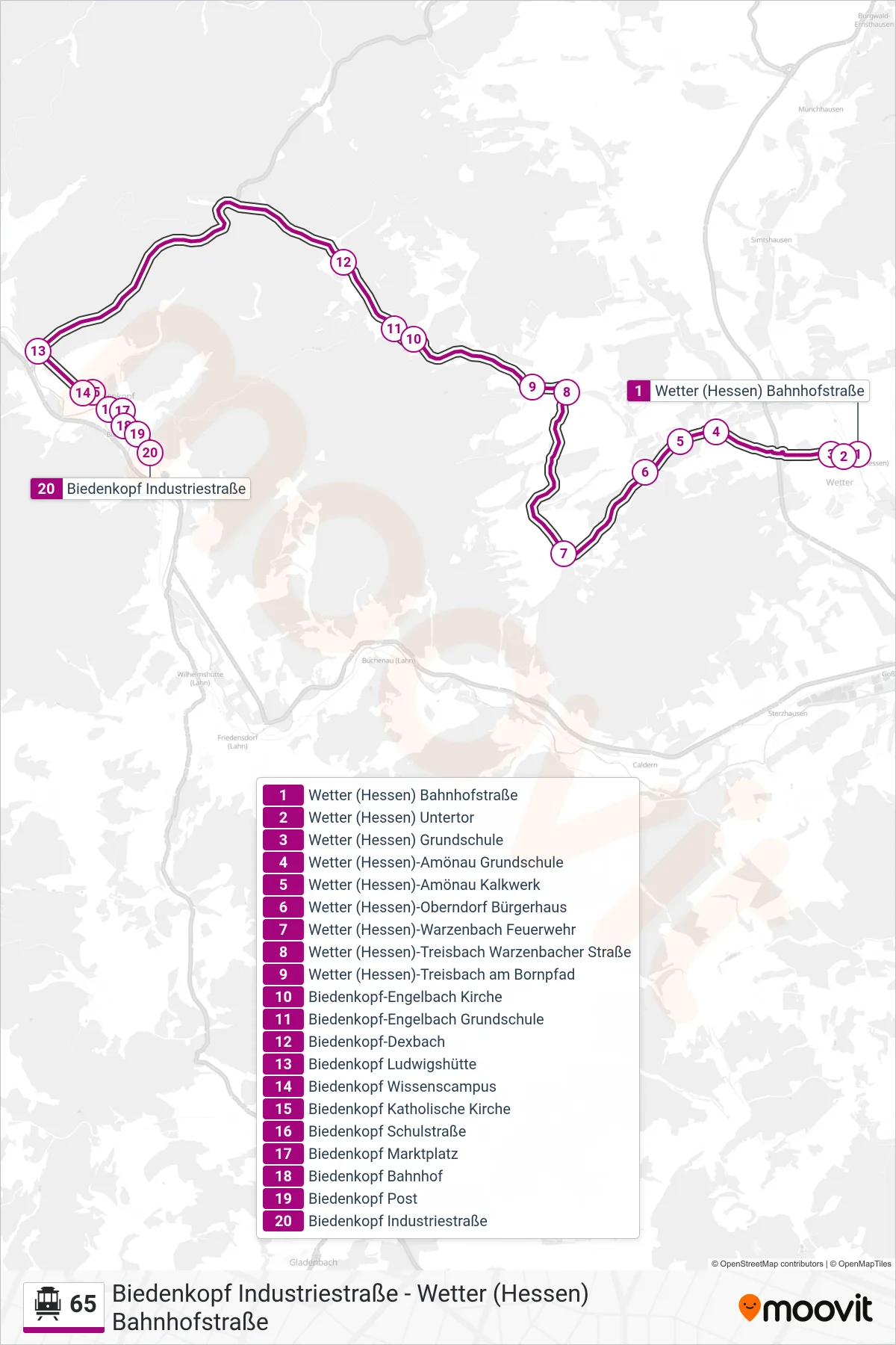 65 S-Bahn Line (Biedenkopf Industriestraße) route and stops on a map