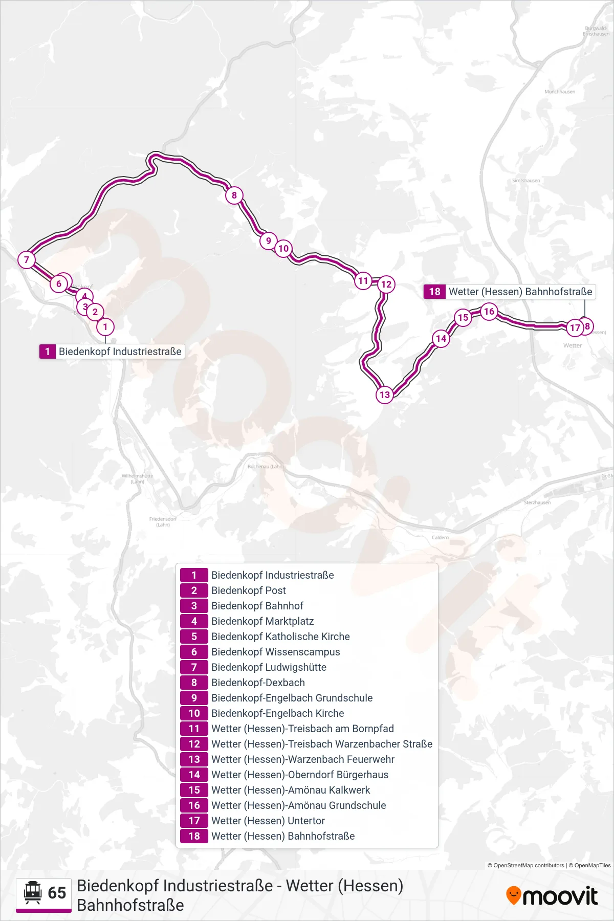 65 S-Bahn Line (Wetter (Hessen) Bahnhofstraße) route and stops on a map