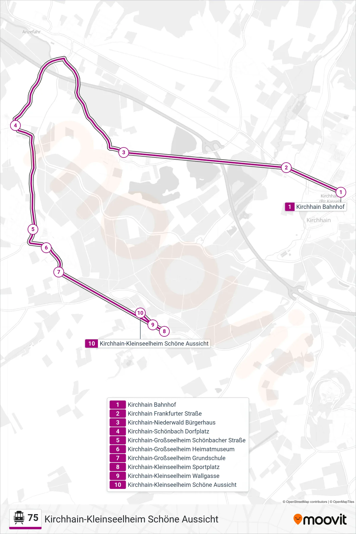 75 cable car Line (Kirchhain-Kleinseelheim Schöne Aussicht) route and stops on a map
