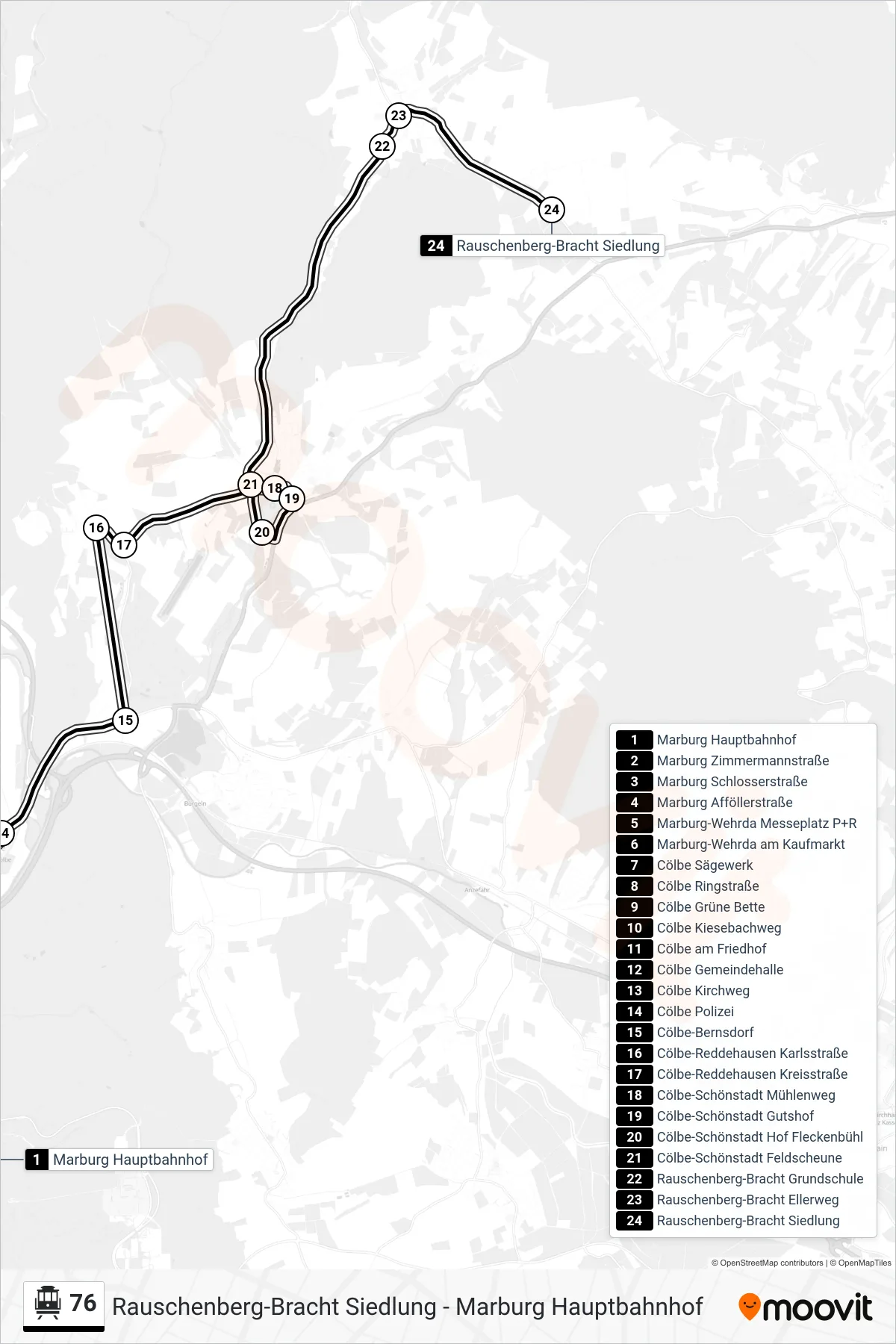 76 cable car Line (Rauschenberg-Bracht Siedlung) route and stops on a map