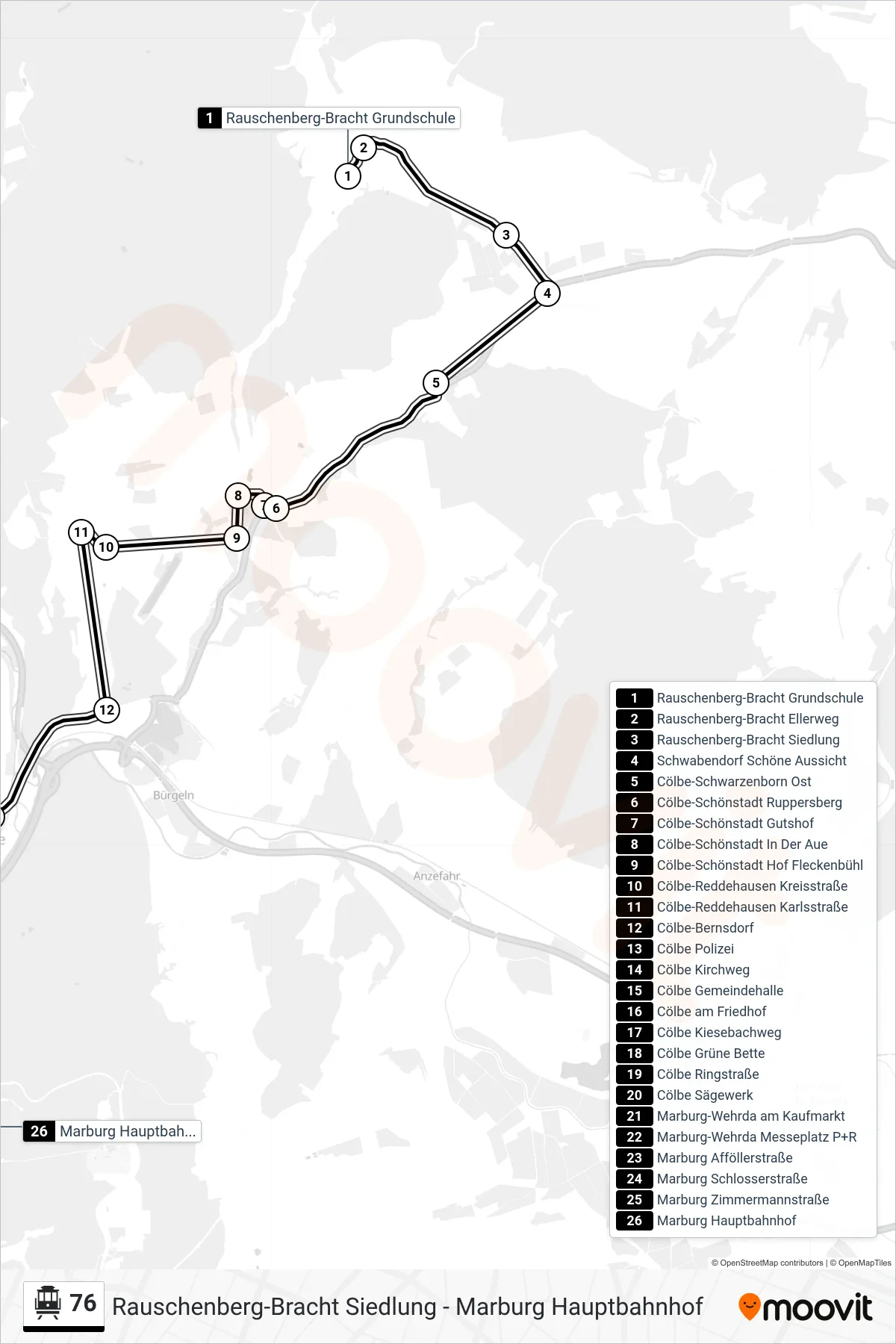 Linie 76 (S-Bahn) Richtung Marburg Hauptbahnhof: Route und Haltestellen auf der Karte