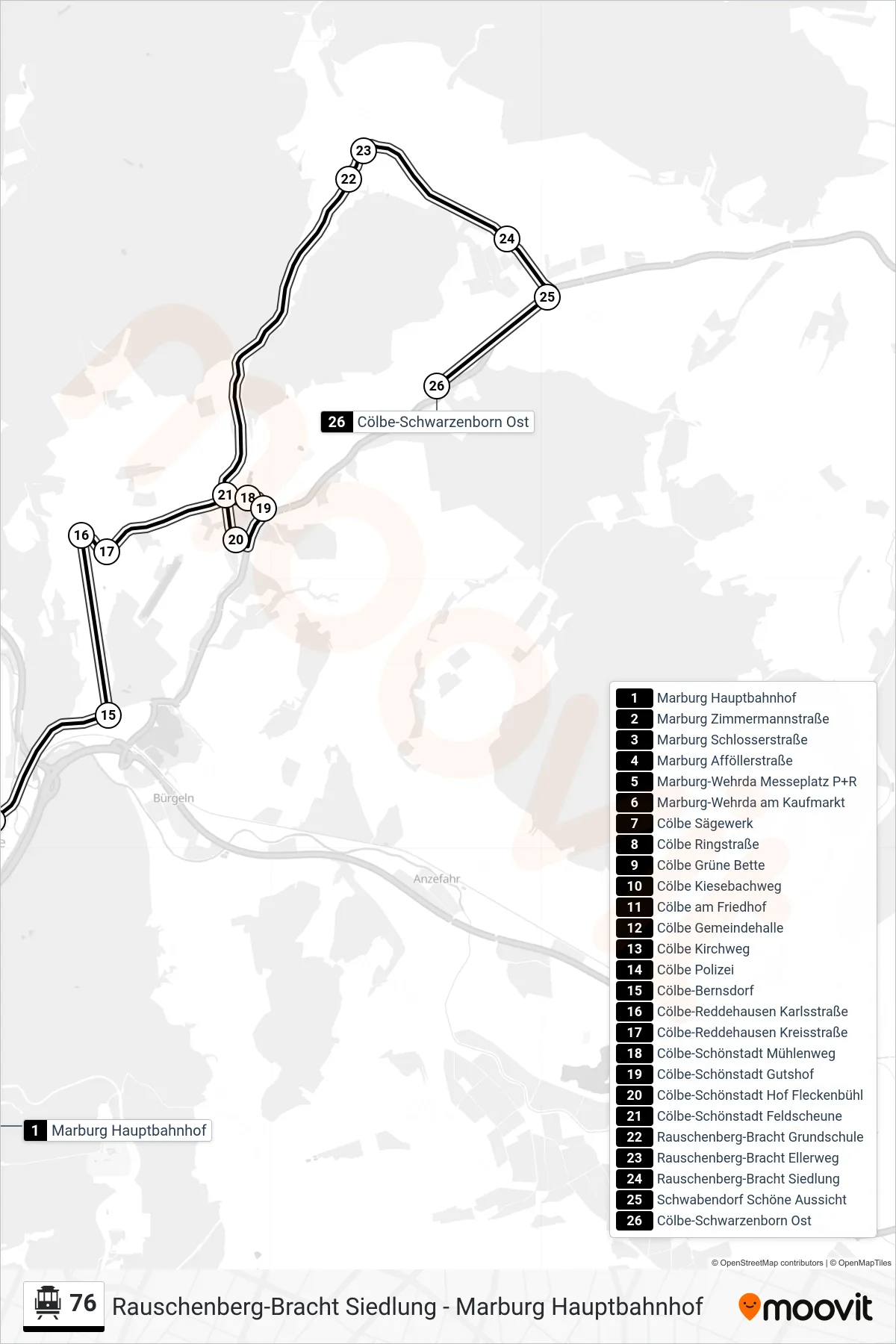 76 S-Bahn Line (Cölbe-Schwarzenborn Ost) route and stops on a map