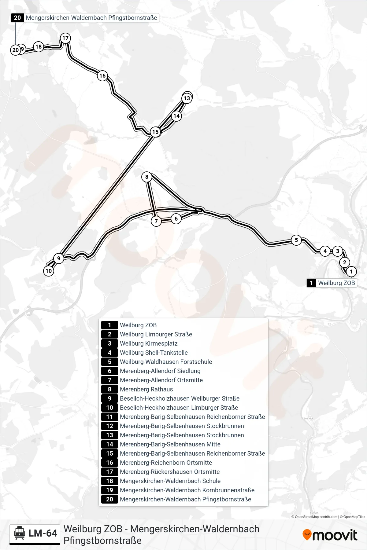 Linie LM-64 (S-Bahn) Richtung Mengerskirchen-Waldernbach Pfingstbornstraße: Route und Haltestellen auf der Karte
