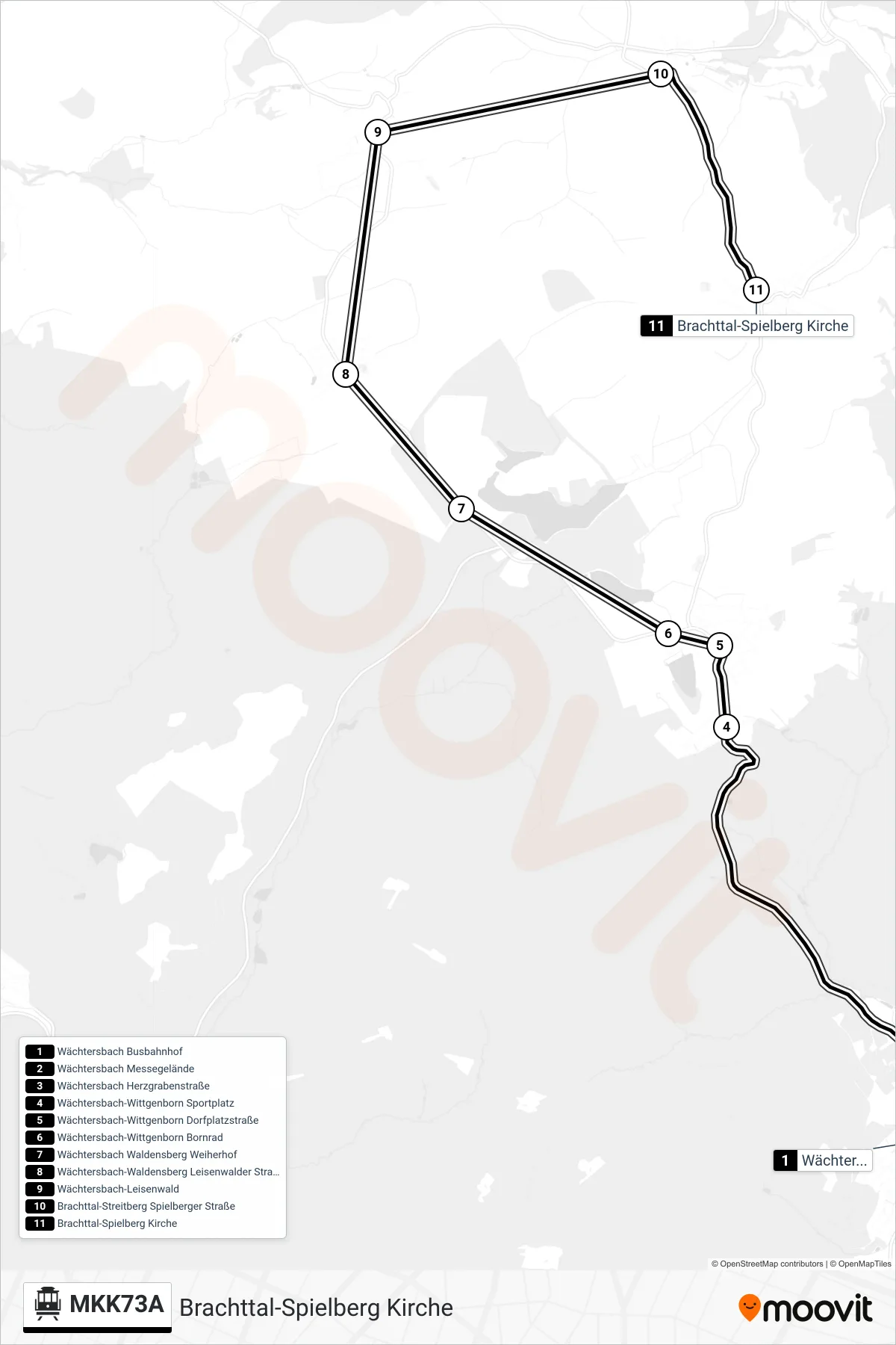 MKK73A S-Bahn Line (Brachttal-Spielberg Kirche) route and stops on a map