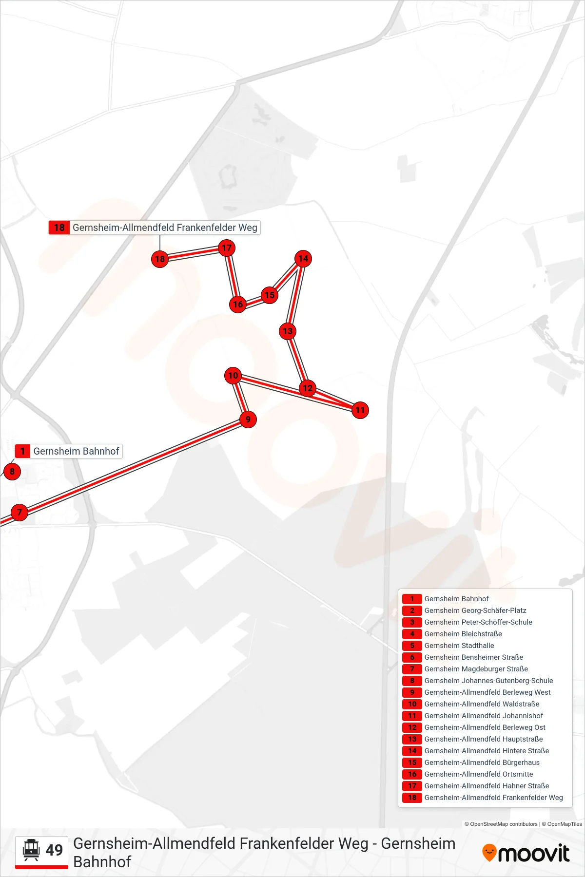 Linie 49 (Seilbahn) Richtung Gernsheim-Allmendfeld Frankenfelder Weg: Route und Haltestellen auf der Karte