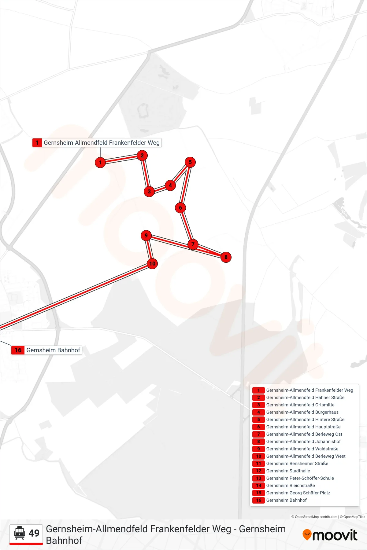 Linie 49 (S-Bahn) Richtung Gernsheim Bahnhof: Route und Haltestellen auf der Karte