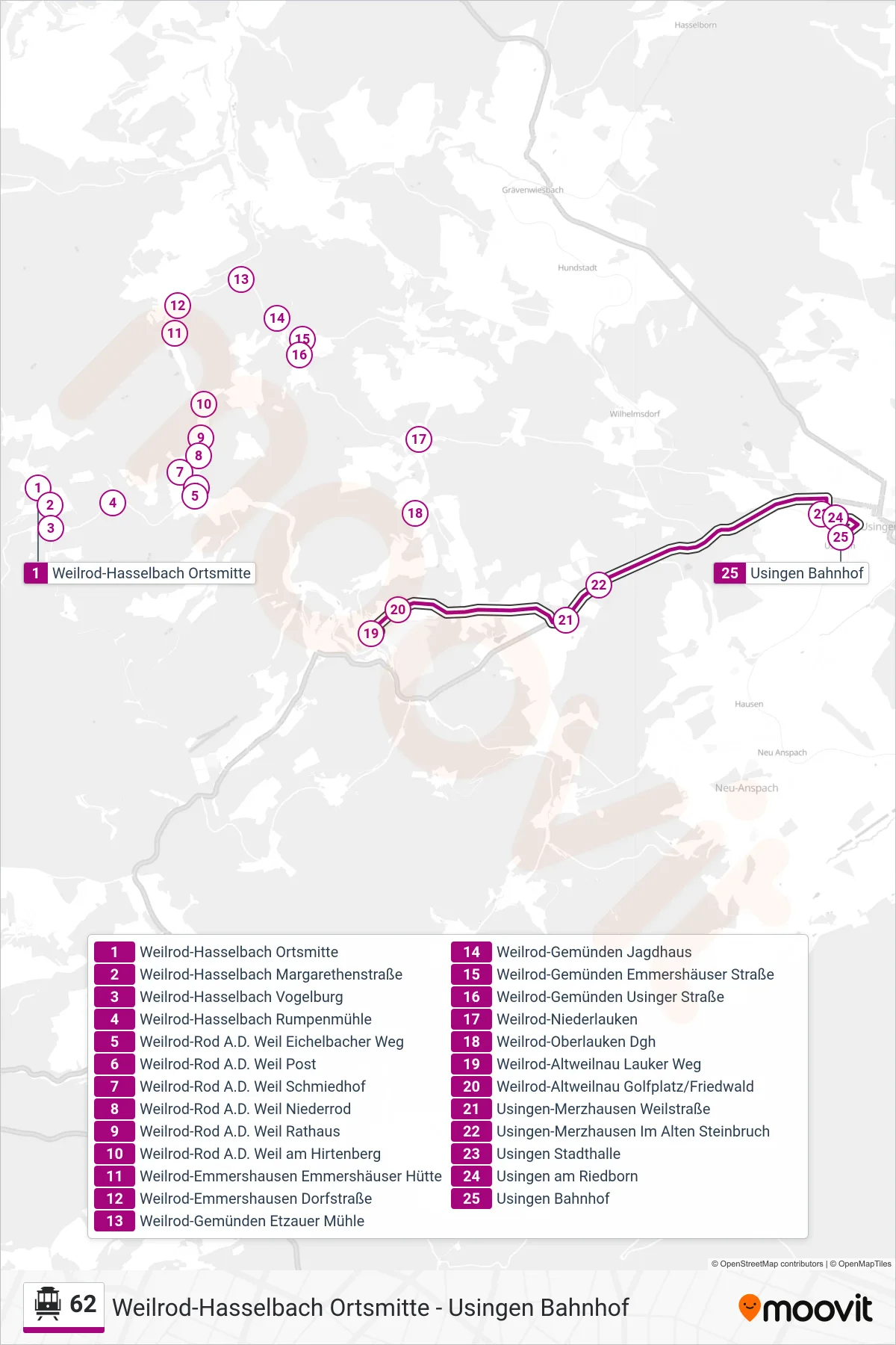 62 S-Bahn Line (Usingen Bahnhof) route and stops on a map