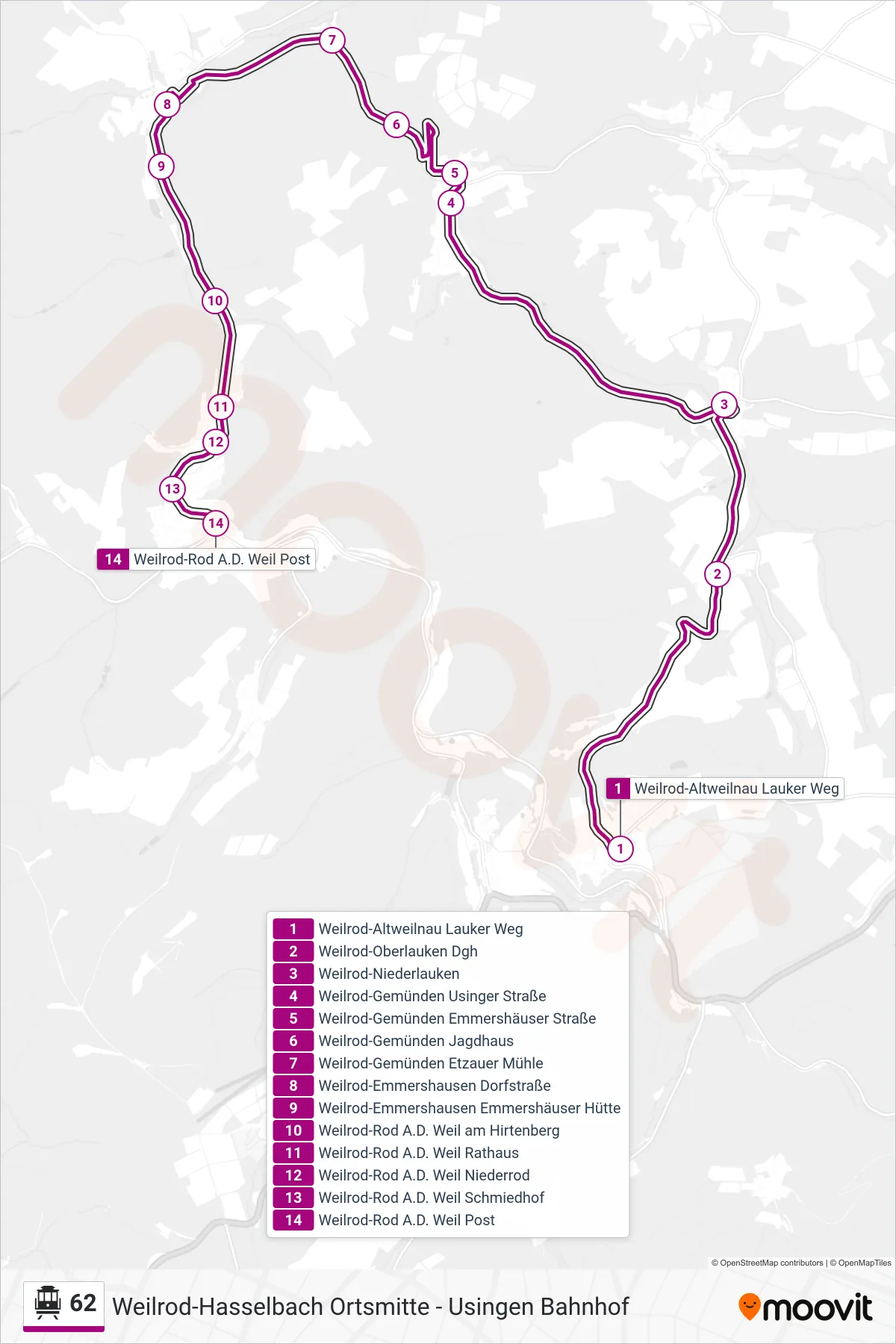 62 S-Bahn Line (Weilrod-Rod A.D. Weil Post) route and stops on a map