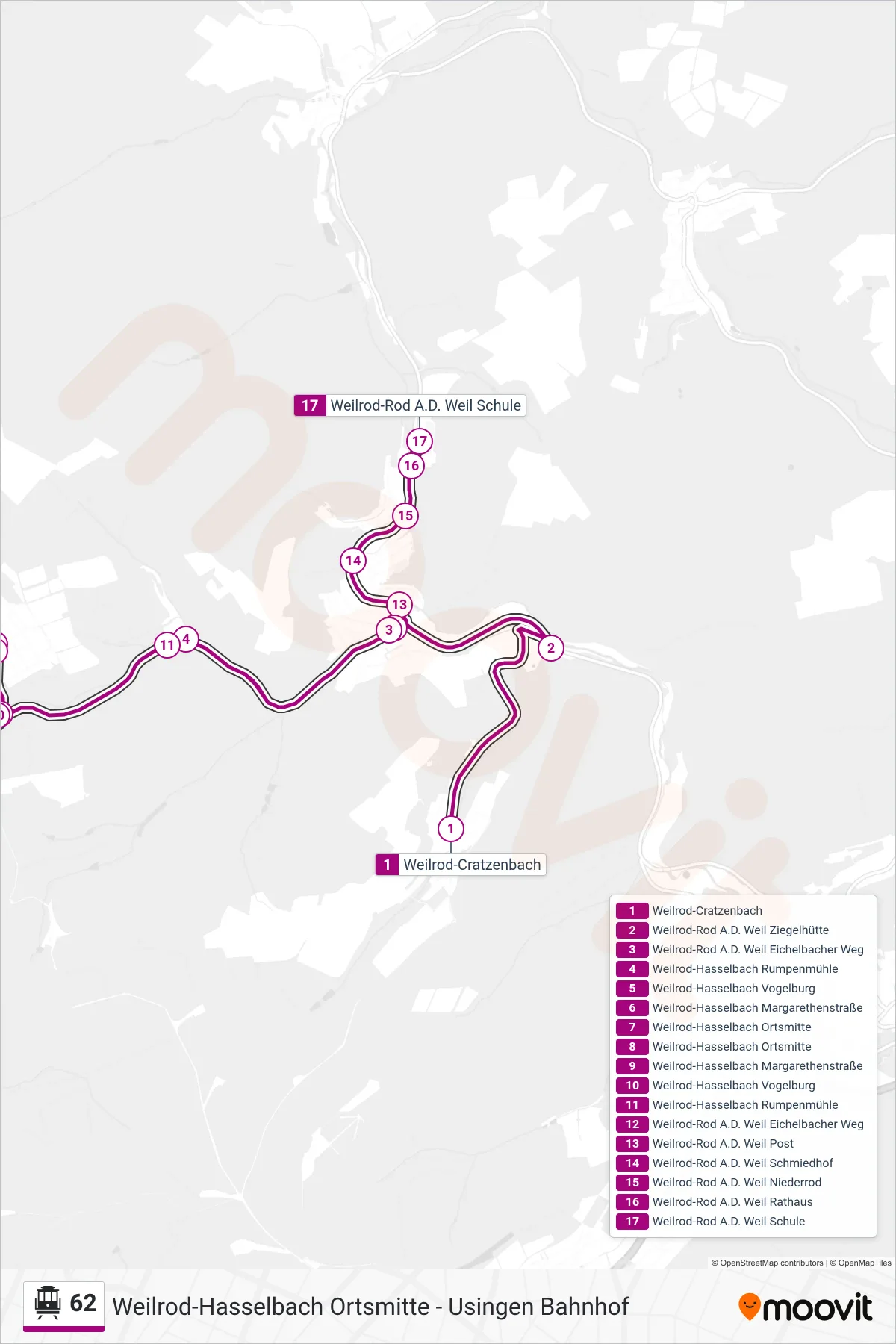 62 S-Bahn Line (Weilrod-Rod A.D. Weil Schule) route and stops on a map