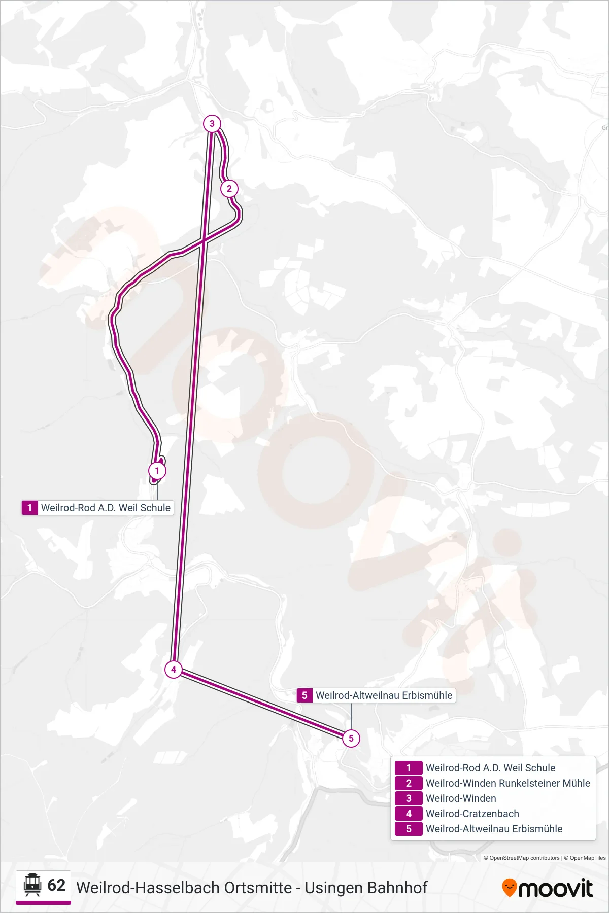 62 cable car Line (Weilrod-Altweilnau Erbismühle) route and stops on a map