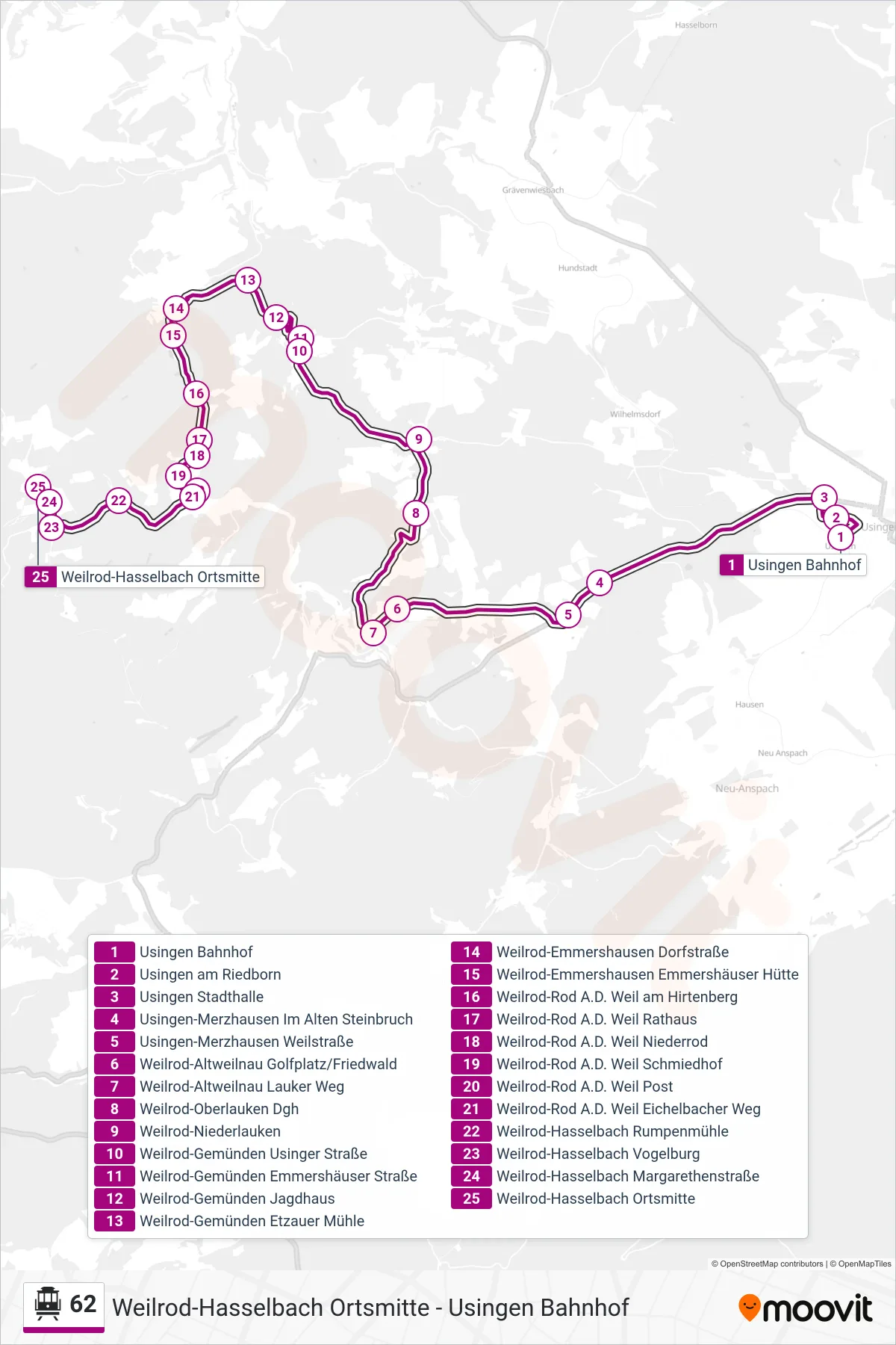 Linie 62 (S-Bahn) Richtung Weilrod-Hasselbach Ortsmitte: Route und Haltestellen auf der Karte