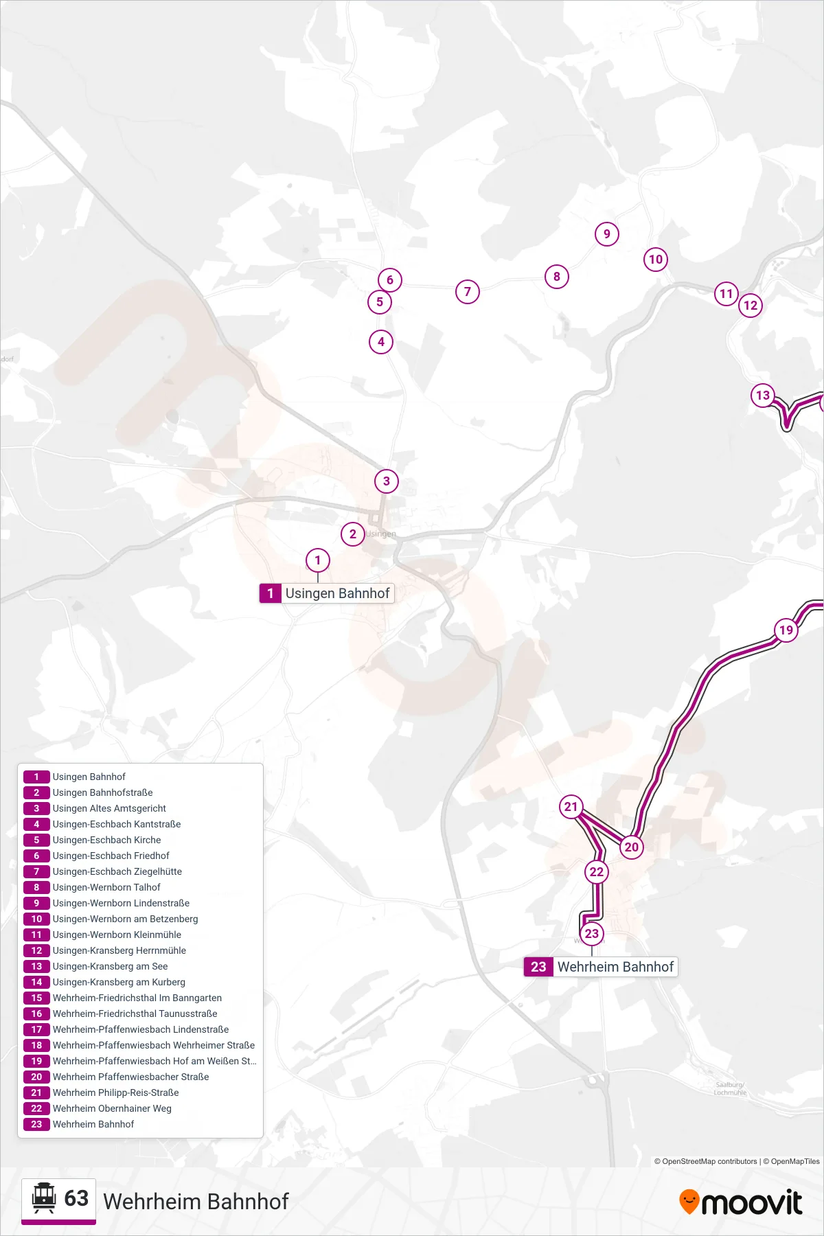 63 S-Bahn Line (Wehrheim Bahnhof) route and stops on a map