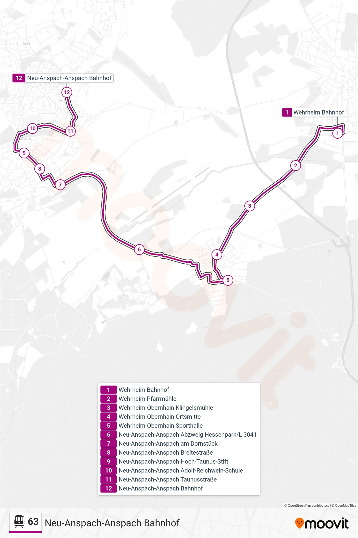 63 S-Bahn Line (Neu-Anspach-Anspach Bahnhof) route and stops on a map