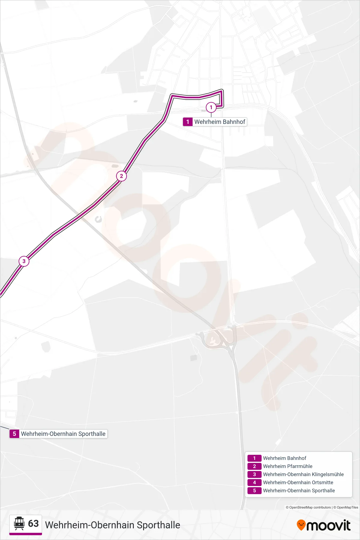 63 cable car Line (Wehrheim-Obernhain Sporthalle) route and stops on a map