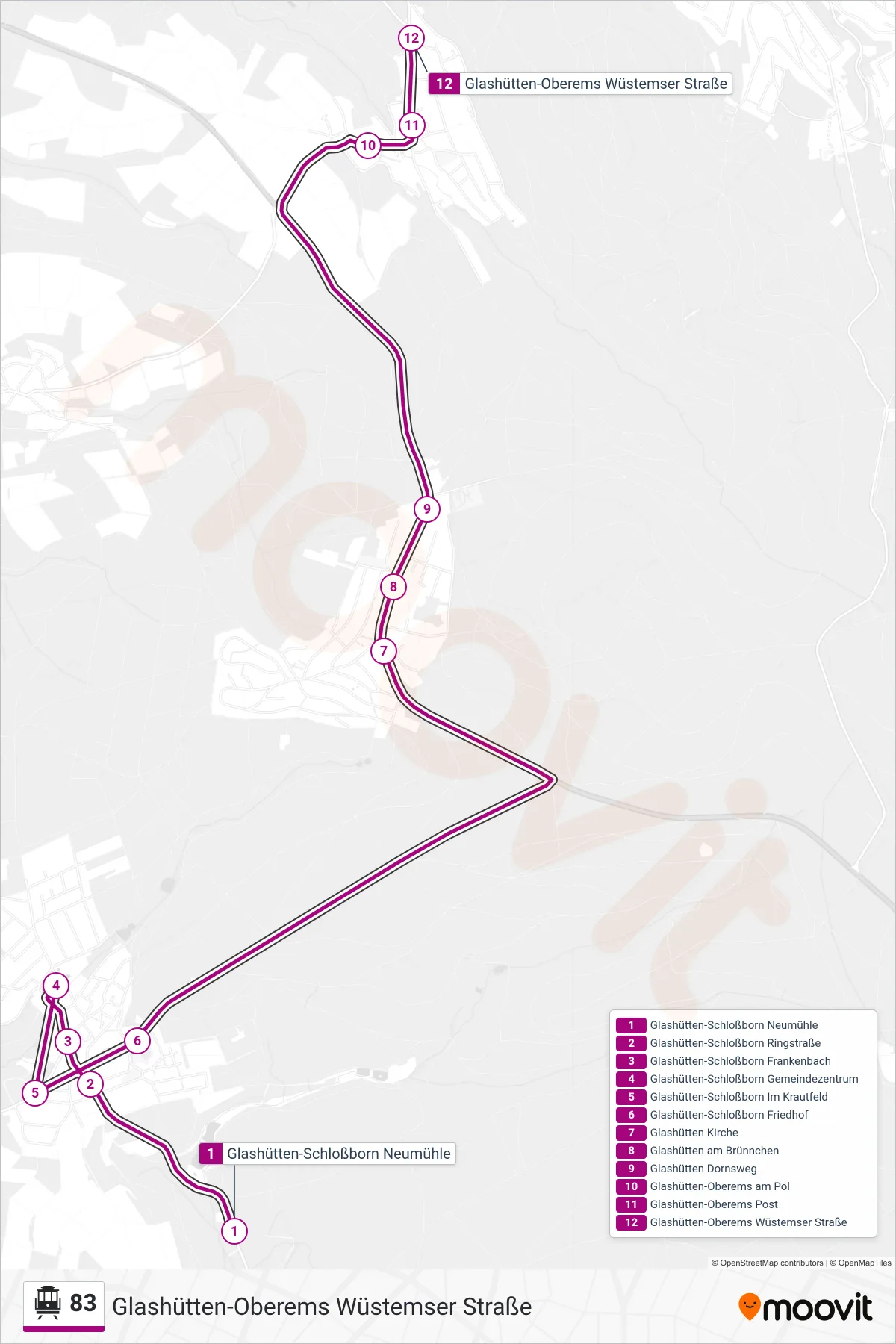 83 S-Bahn Line (Glashütten-Oberems Wüstemser Straße) route and stops on a map
