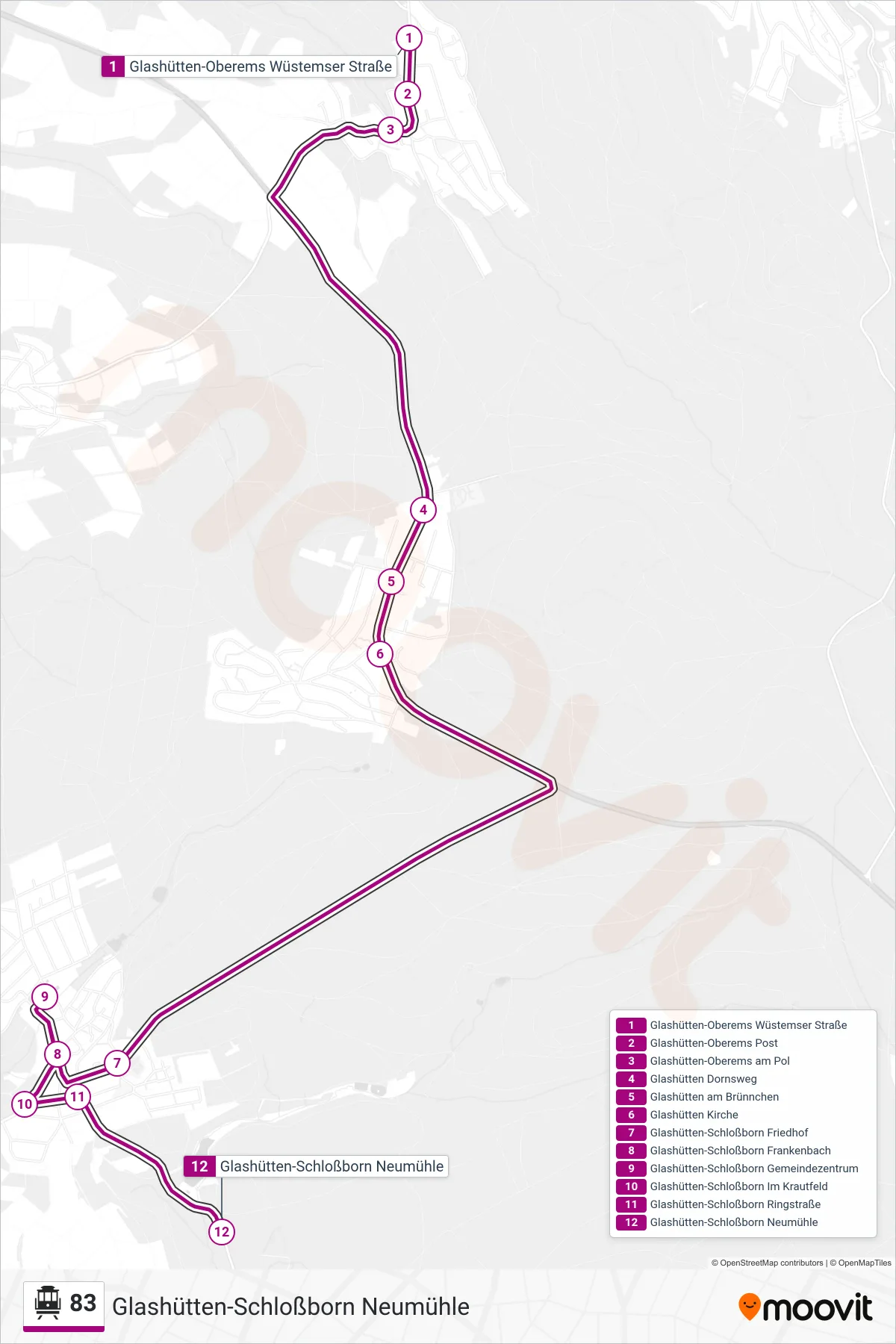 Linie 83 (S-Bahn) Richtung Glashütten-Schloßborn Neumühle: Route und Haltestellen auf der Karte