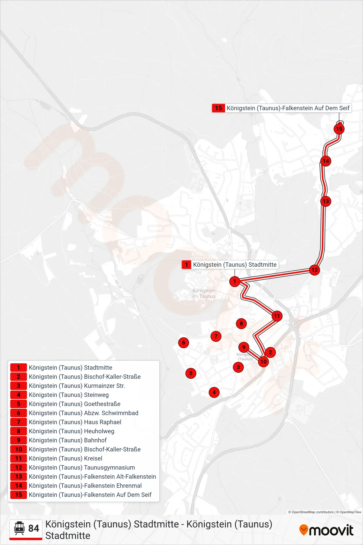 Linie 84 (S-Bahn) Richtung Königstein (Taunus)-Falkenstein Auf Dem Seif: Route und Haltestellen auf der Karte