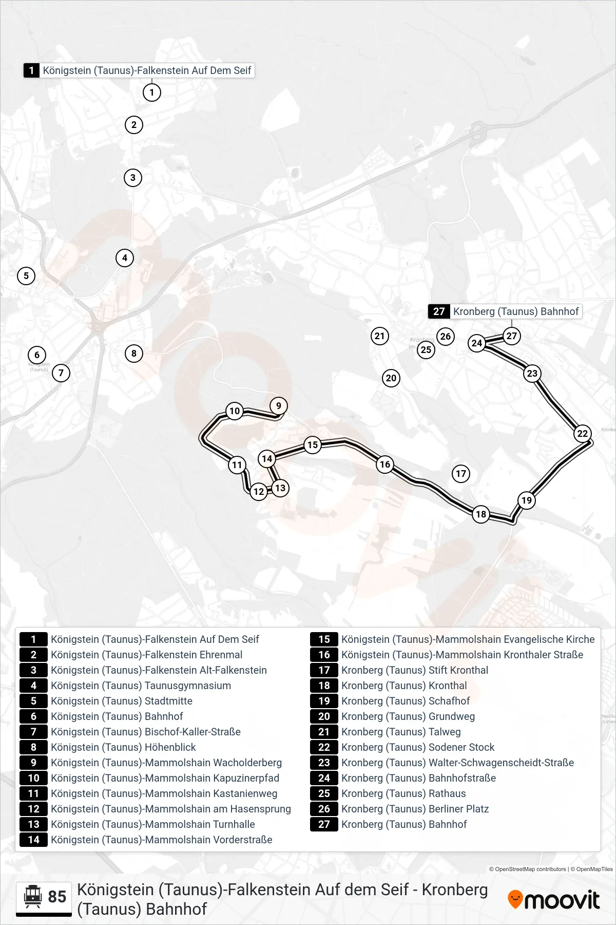 85 S-Bahn Line (Kronberg (Taunus) Bahnhof) route and stops on a map