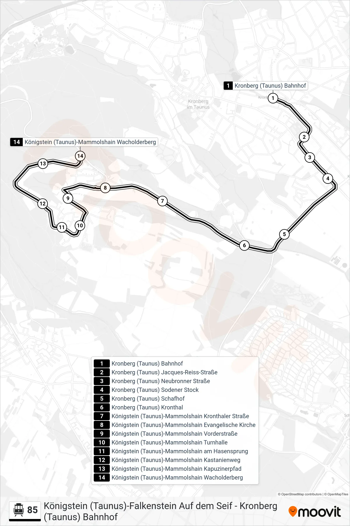 85 cable car Line (Königstein (Taunus)-Mammolshain Wacholderberg) route and stops on a map