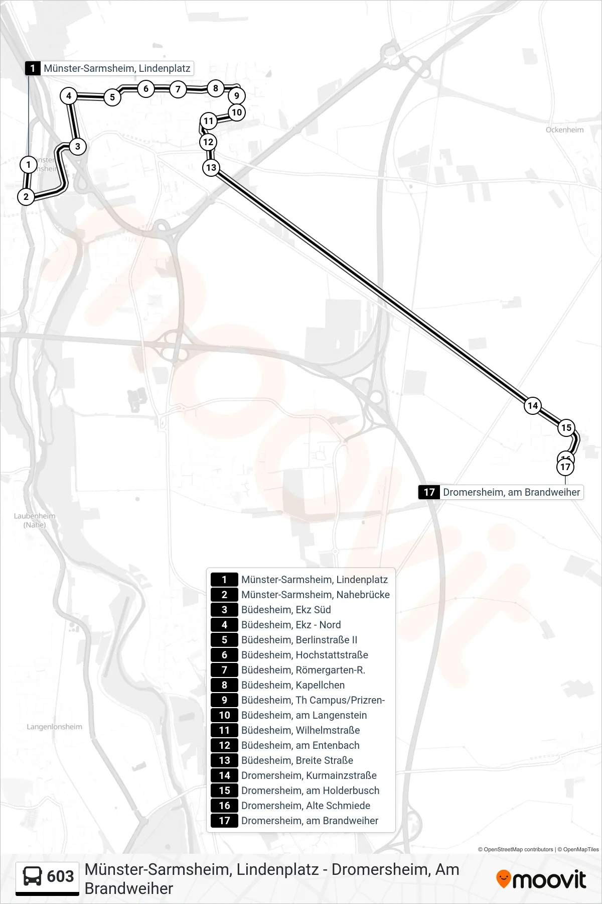 603 bus Line (Ockenheim, am Bahnhof) route and stops on a map