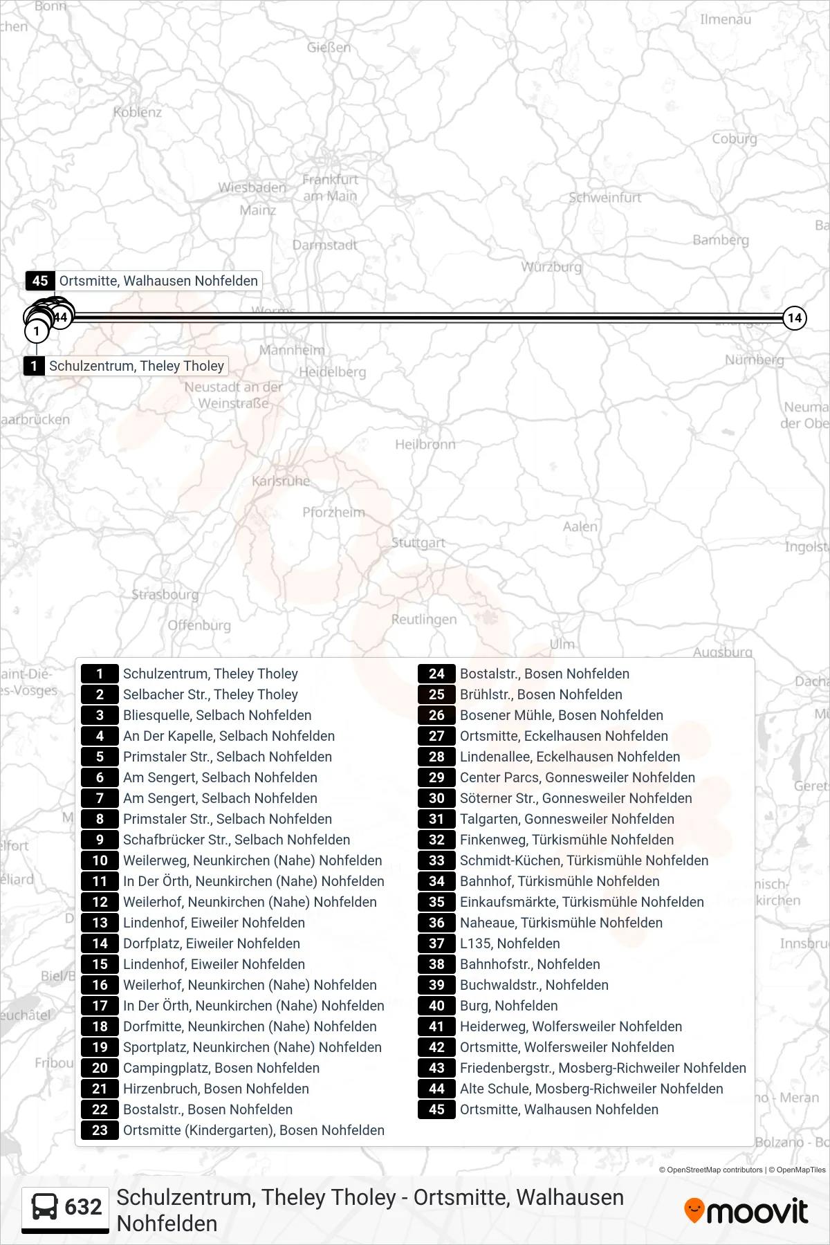 632 bus Line (Ortsmitte, Walhausen Nohfelden) route and stops on a map