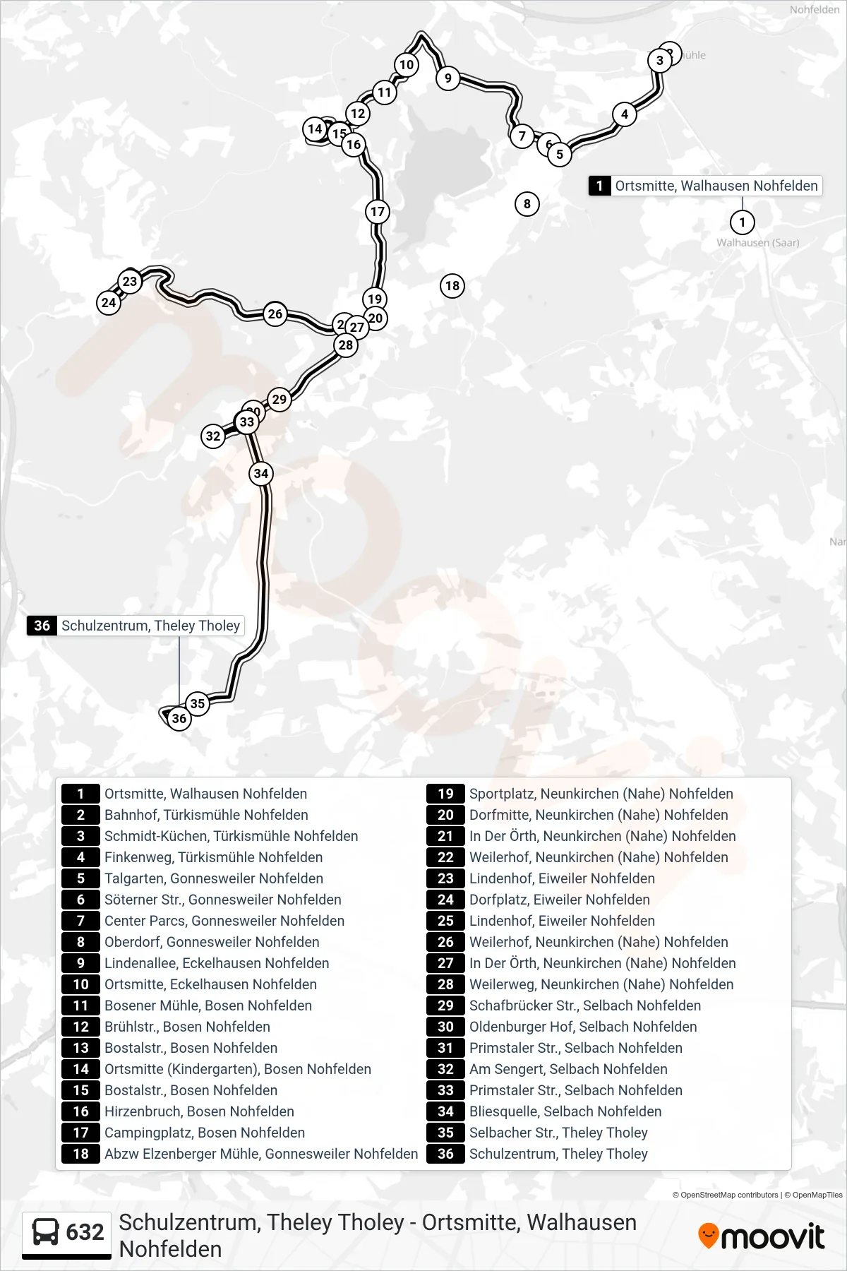 632 bus Line (Schulzentrum, Theley Tholey) route and stops on a map