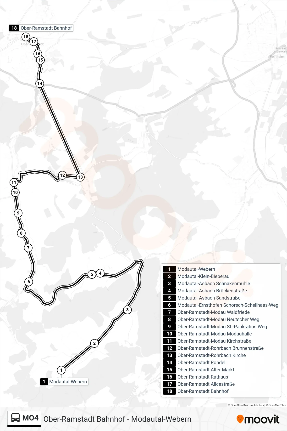 MO4 bus Line (Ober-Ramstadt Bahnhof) route and stops on a map