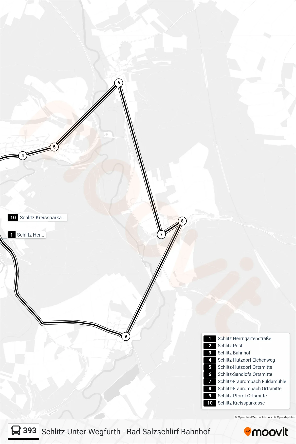 393 bus Line (Schlitz Kreissparkasse) route and stops on a map