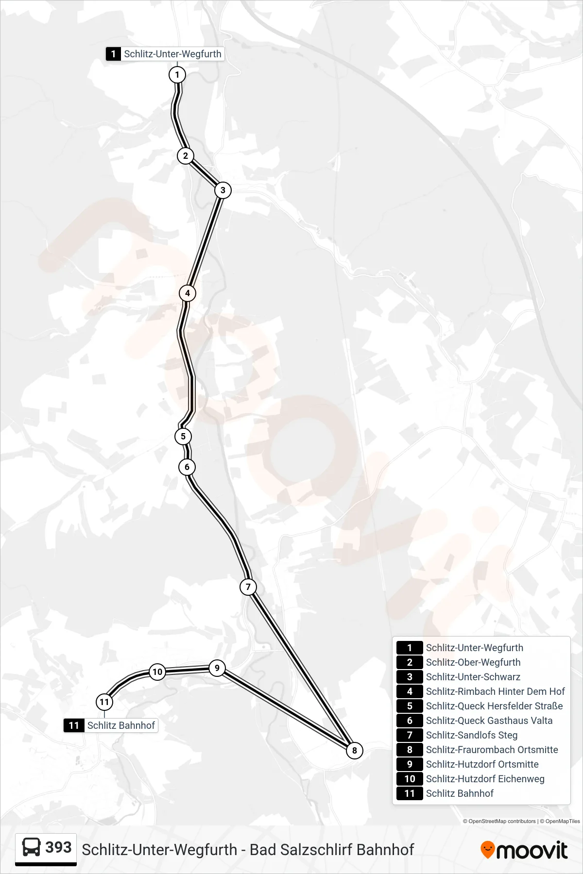 Linie 393 (Bus) Richtung Schlitz Bahnhof: Route und Haltestellen auf der Karte