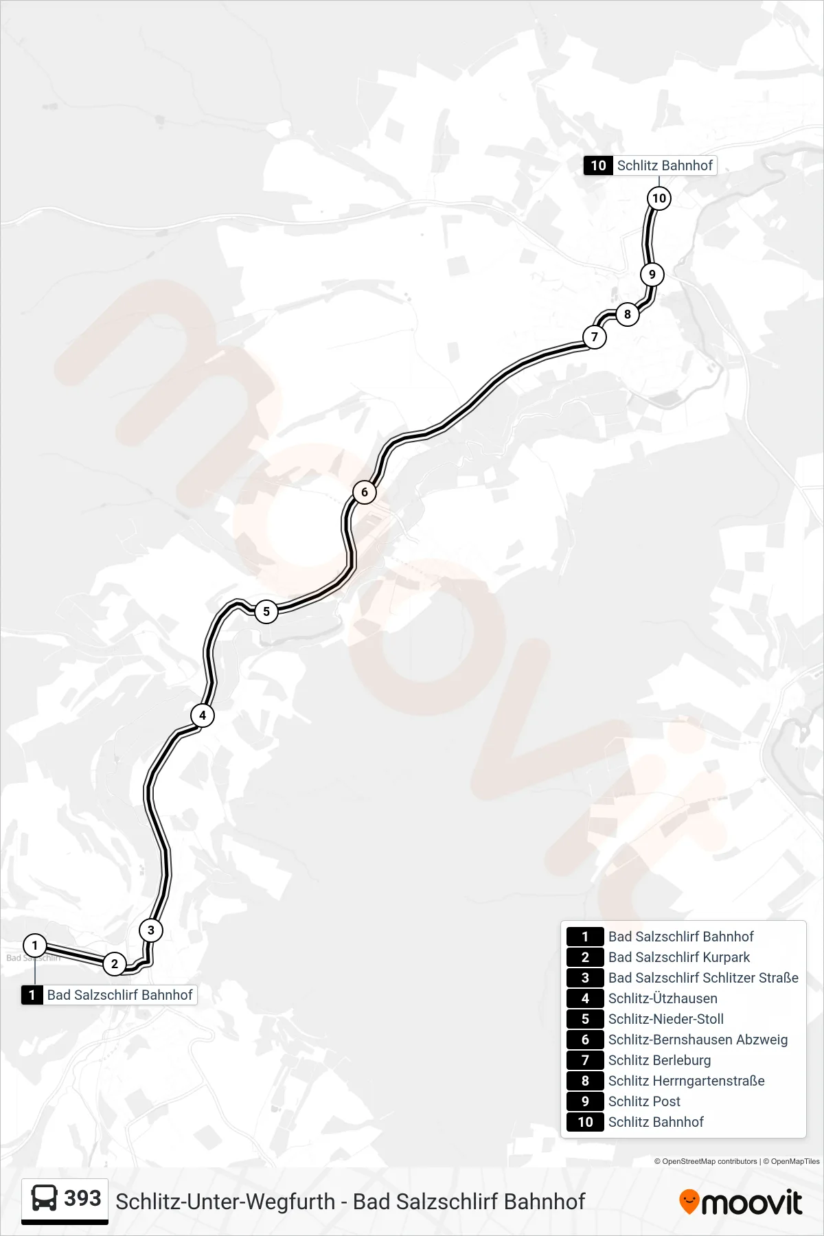393 bus Line (Schlitz Bahnhof) route and stops on a map