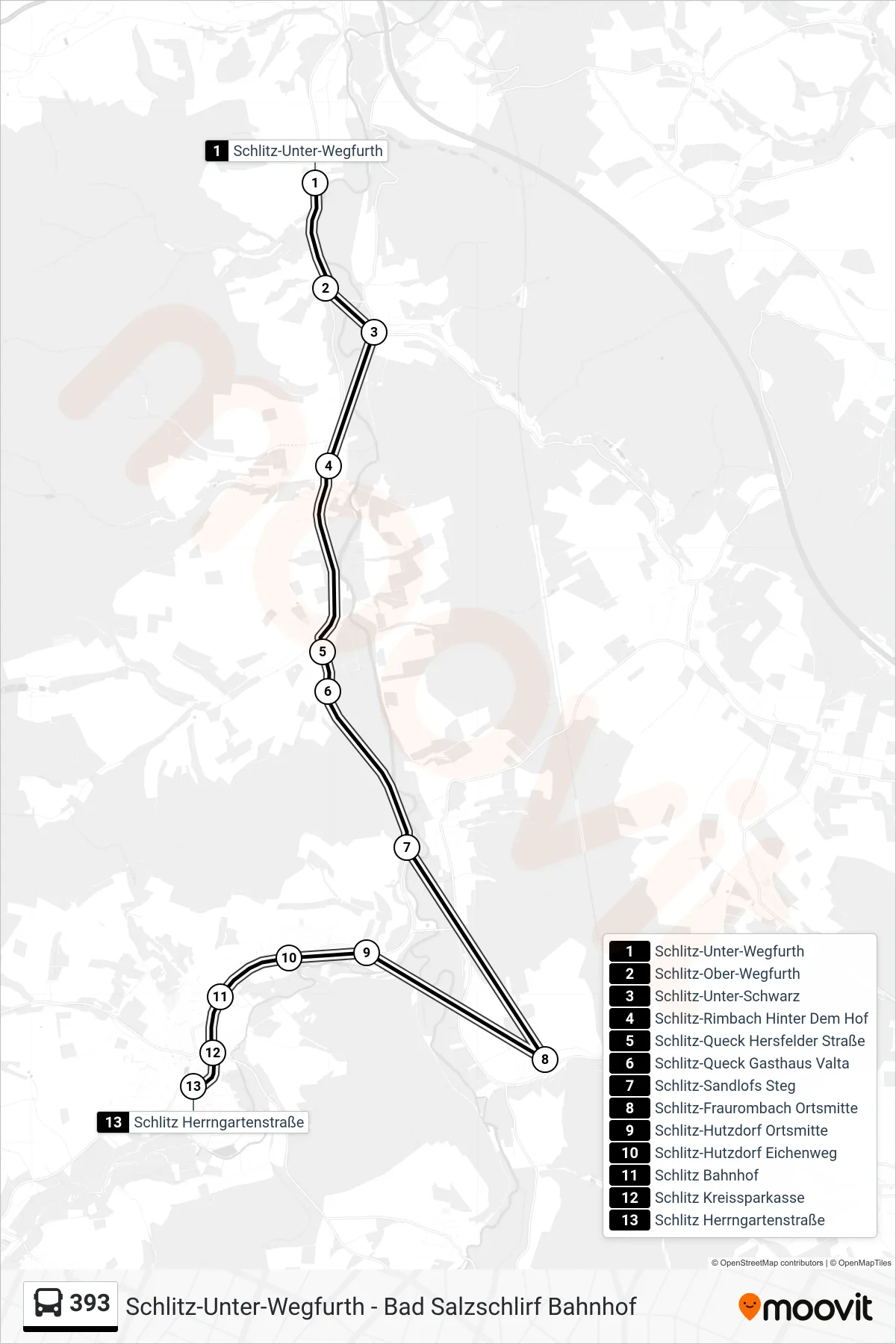 393 bus Line (Schlitz Herrngartenstraße) route and stops on a map