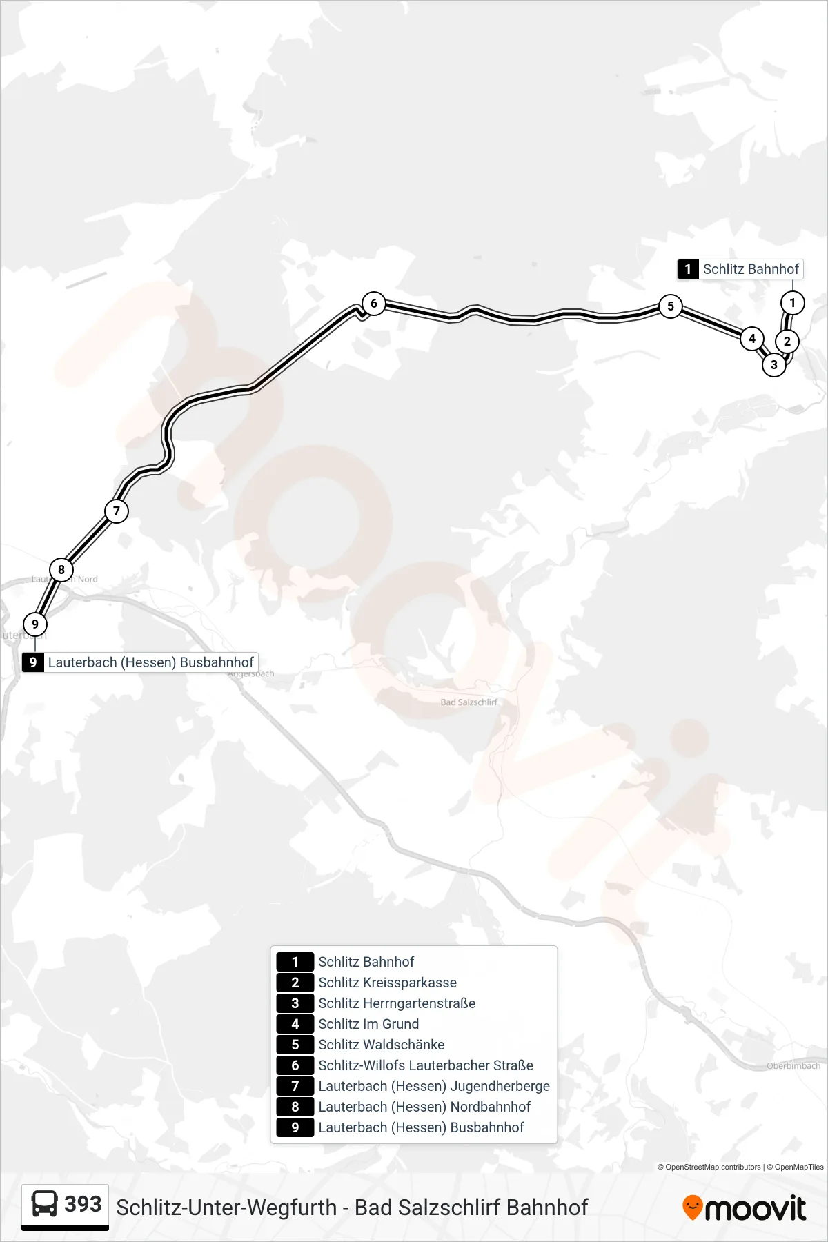 393 bus Line (Lauterbach (Hessen) Busbahnhof) route and stops on a map