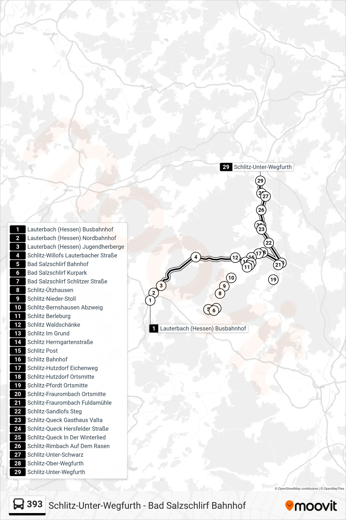 393 bus Line (Schlitz-Unter-Wegfurth) route and stops on a map