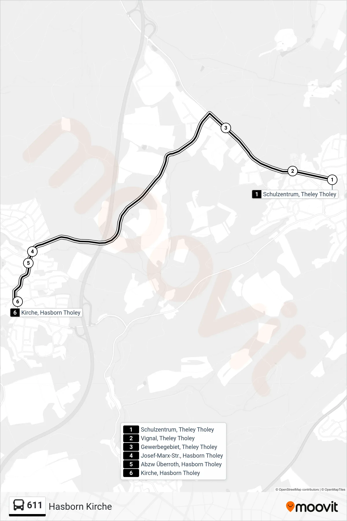 Linie 611 (Bus) Richtung Hasborn Kirche: Route und Haltestellen auf der Karte