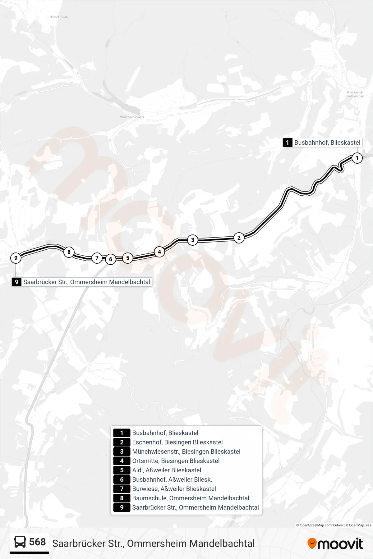 568 bus Line (Saarbrücker Str., Ommersheim Mandelbachtal) route and stops on a map