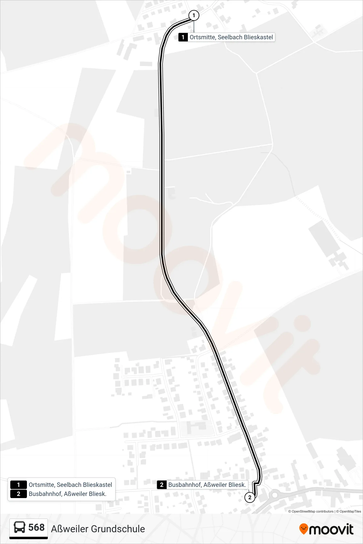 568 bus Line (Aßweiler Grundschule) route and stops on a map