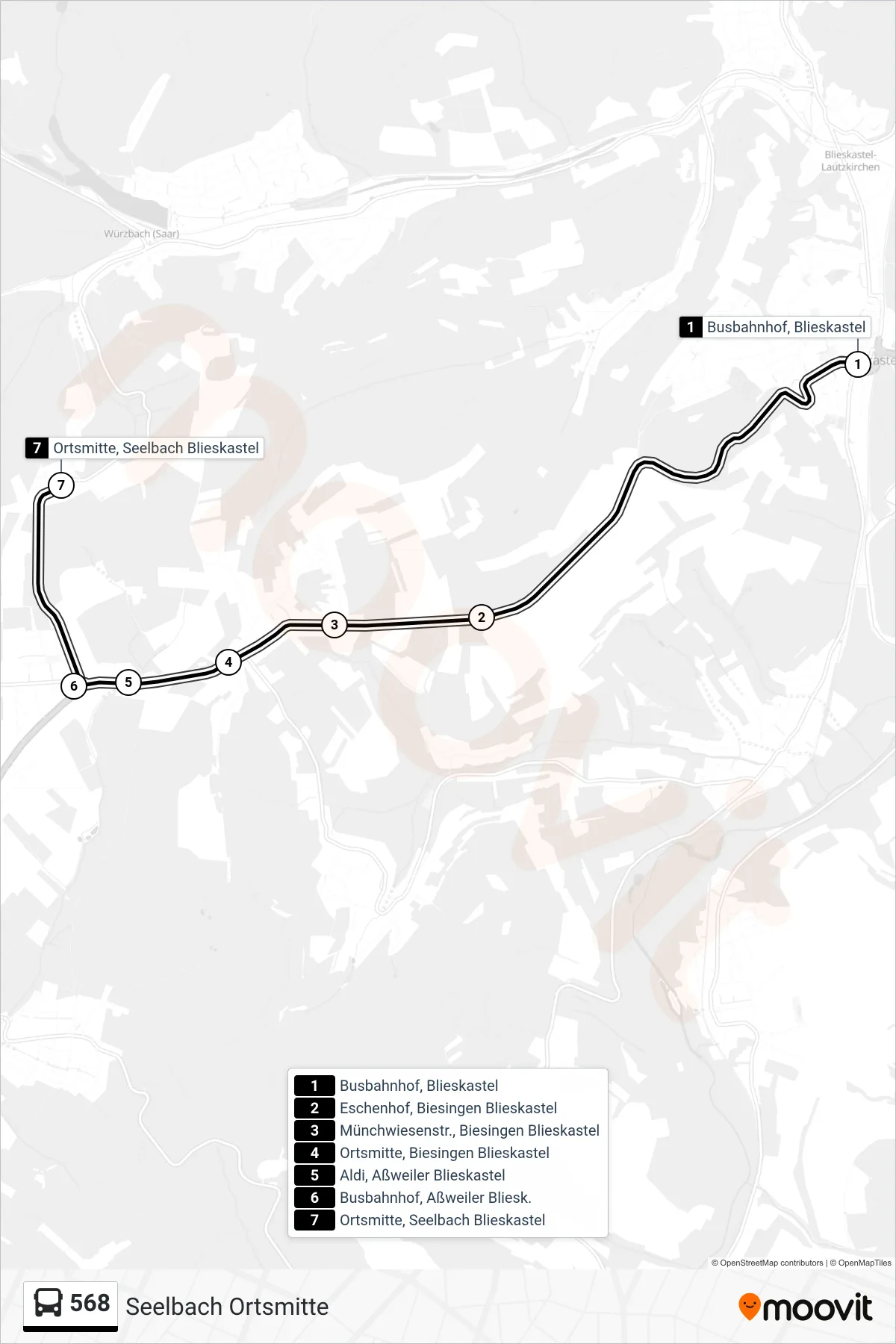 568 bus Line (Seelbach Ortsmitte) route and stops on a map